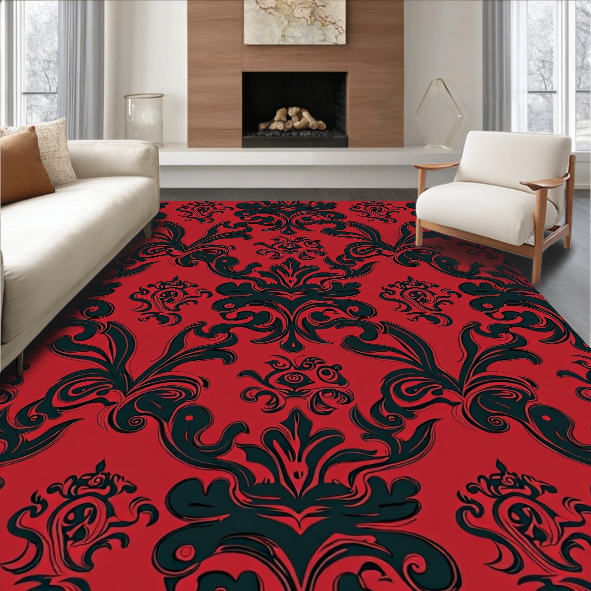 Red Black Baroque Damask Rug