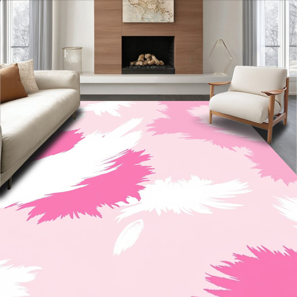 Pink White Feathered Abstract Design Rug