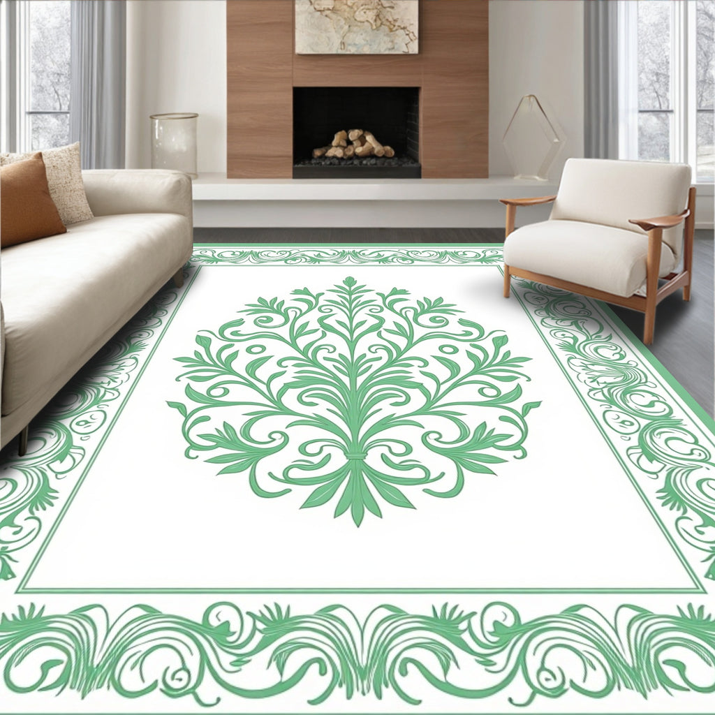 Green Floral Scrollwork Vintage Pattern Rug
