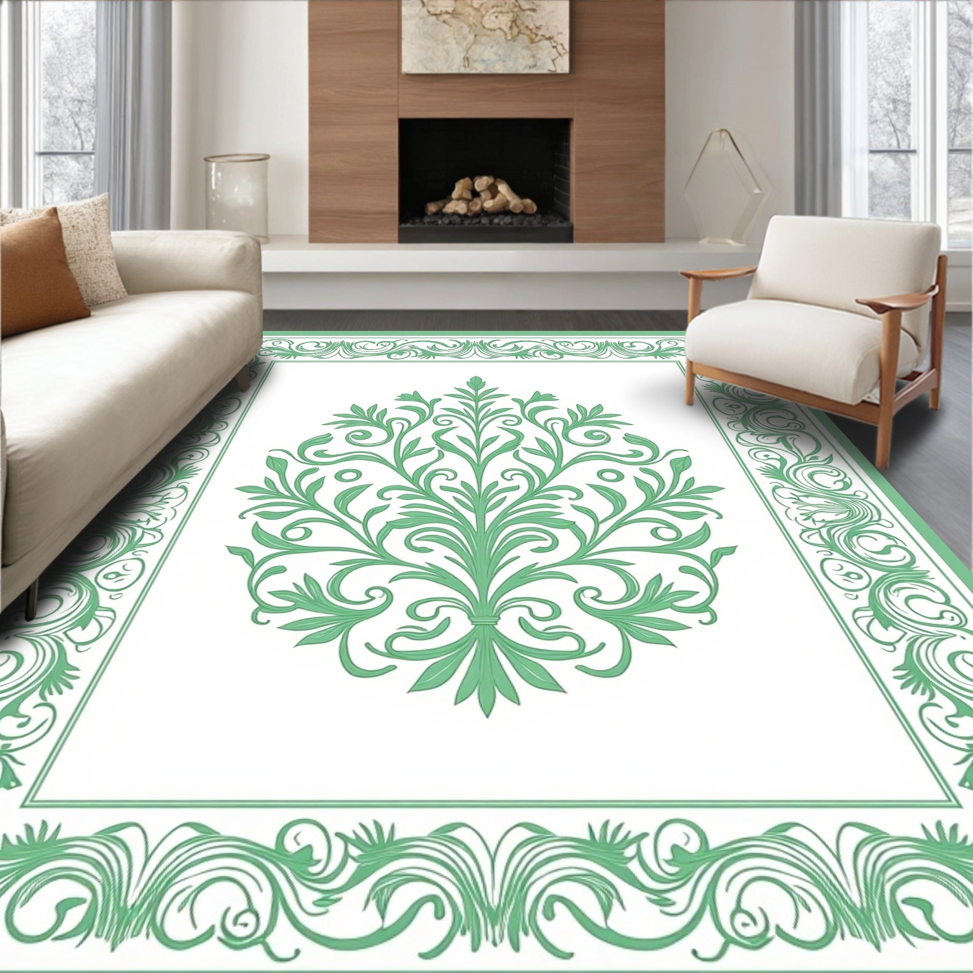 Green Floral Scrollwork Vintage Pattern Rug