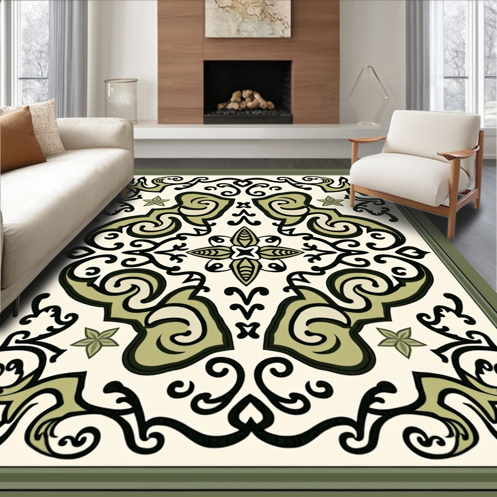 Ornate Floral Scroll Tile Design Rug