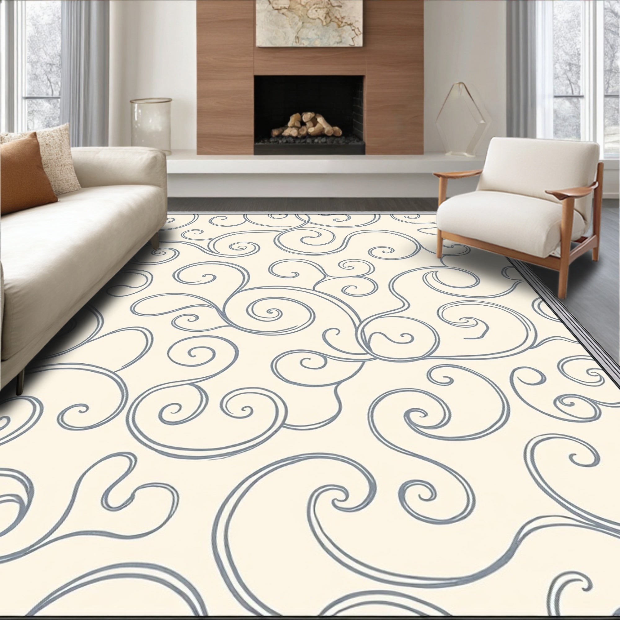Elegant Swirl Patterned Cream Gray Rug