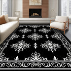 Elegant Black White Scrollwork Pattern Rug