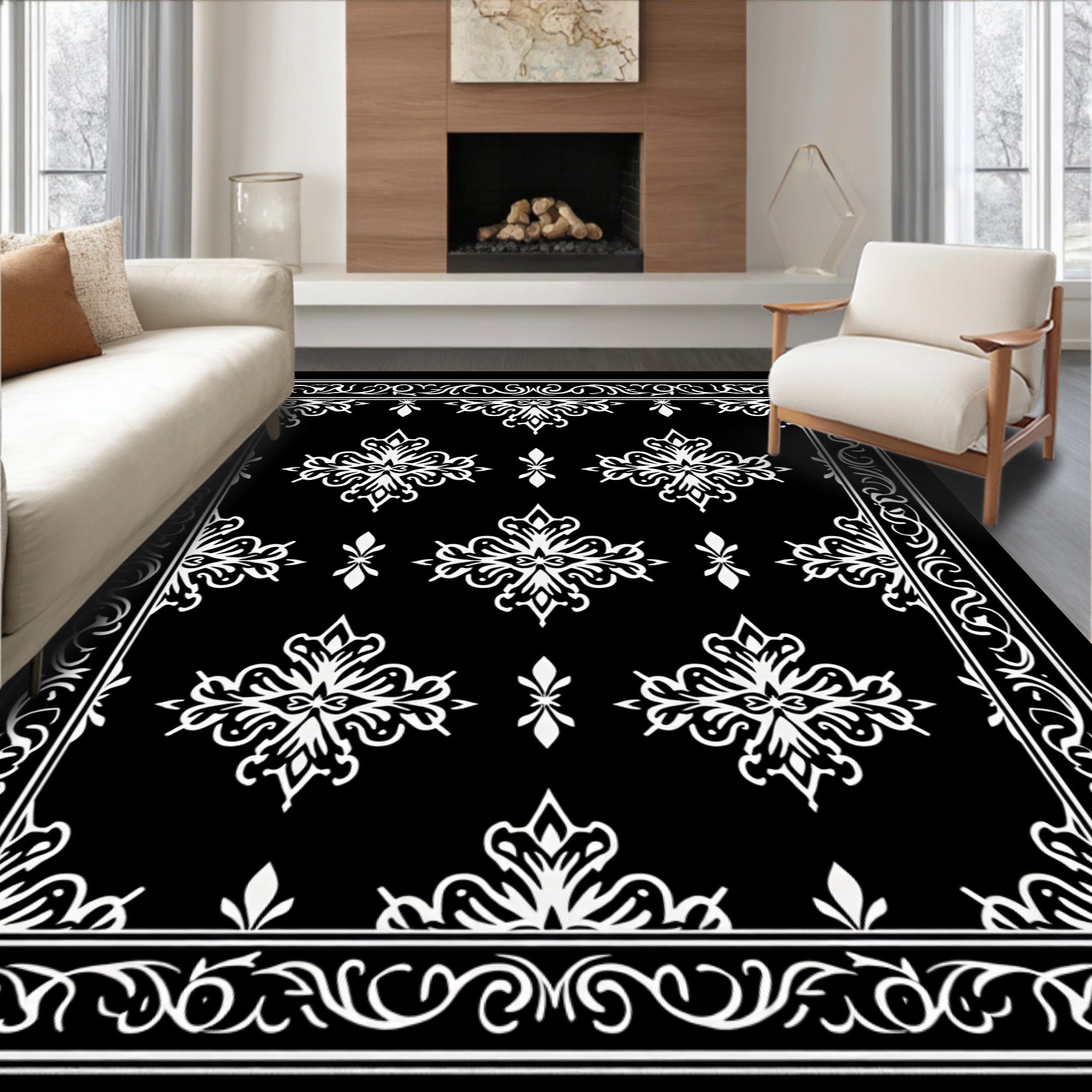 Elegant Black White Scrollwork Pattern Rug