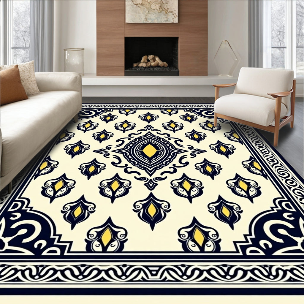 Elegant Yellow Teal Black Floral Design Rug