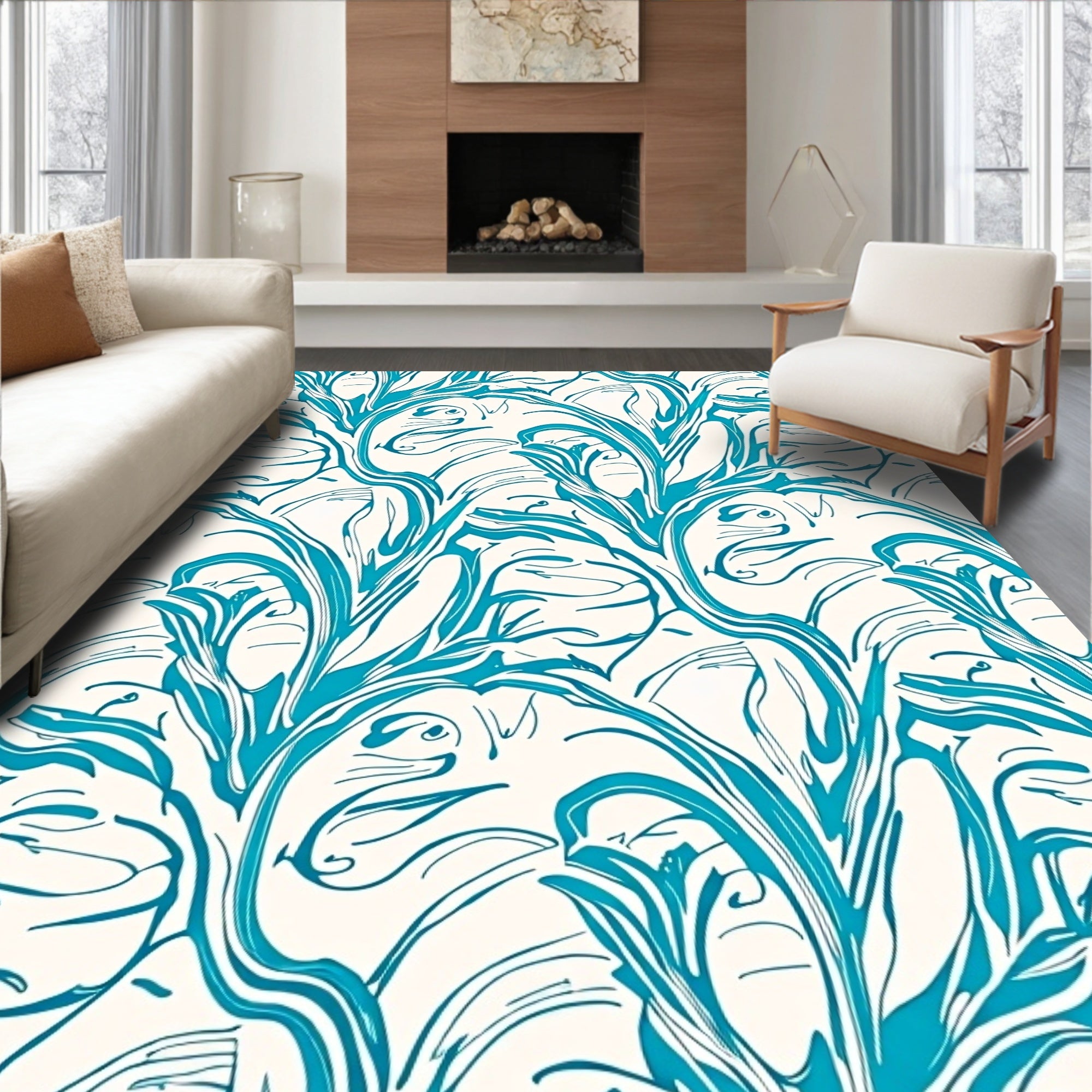 Aqua Flowing Vine Nouveau Pattern Rug