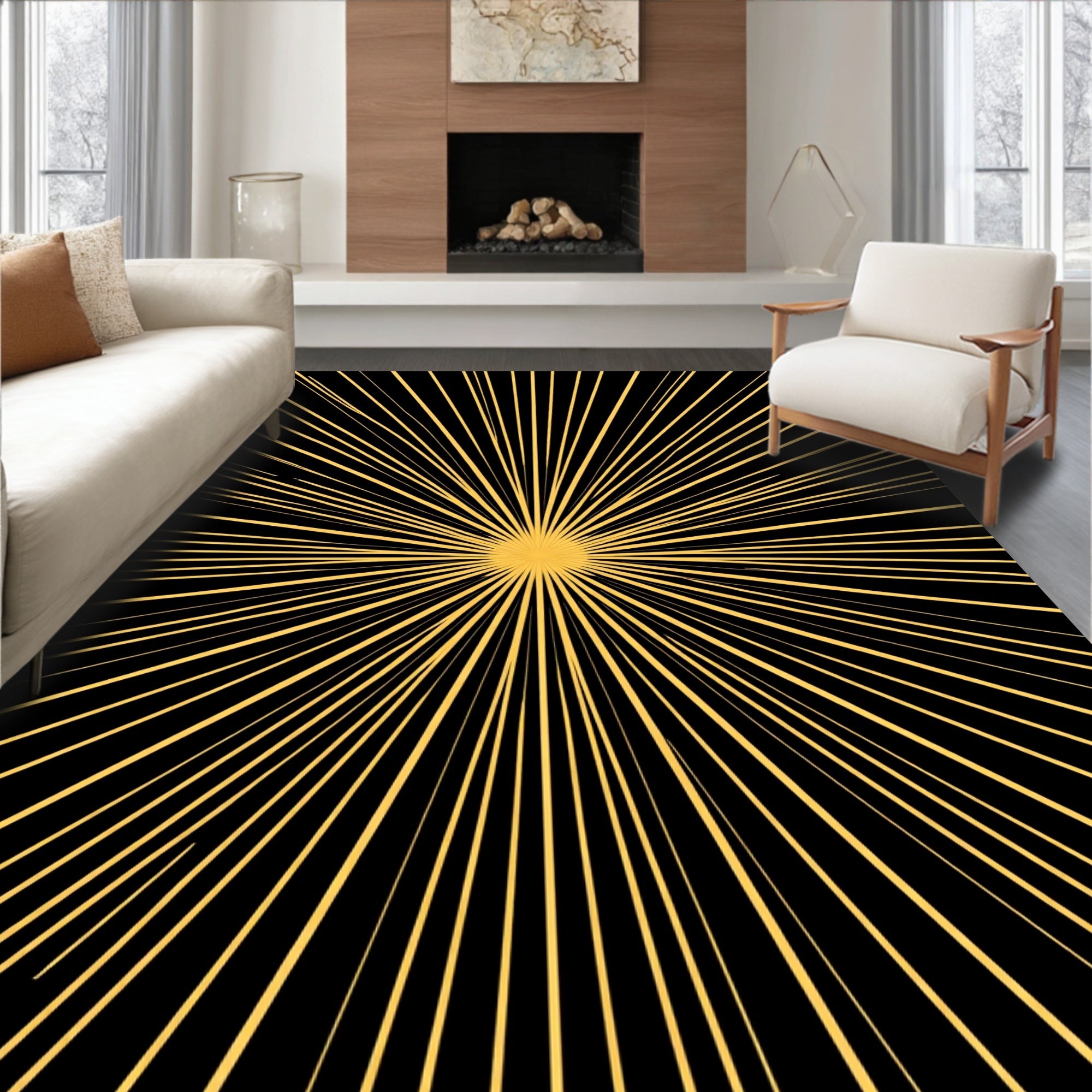 Radiant Sunburst Yellow Black Design Rug