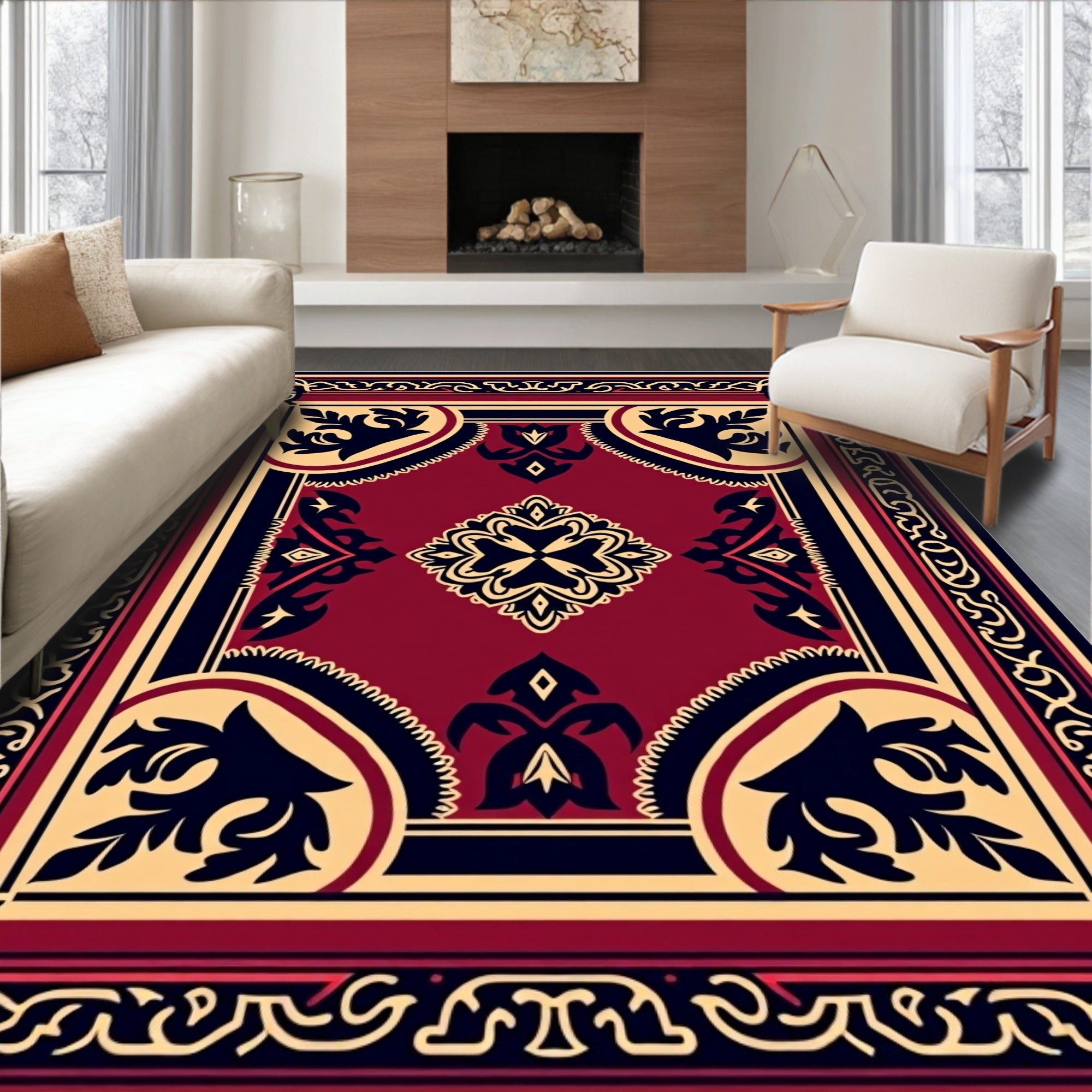 Intricate Floral Motif Red Gold Rug
