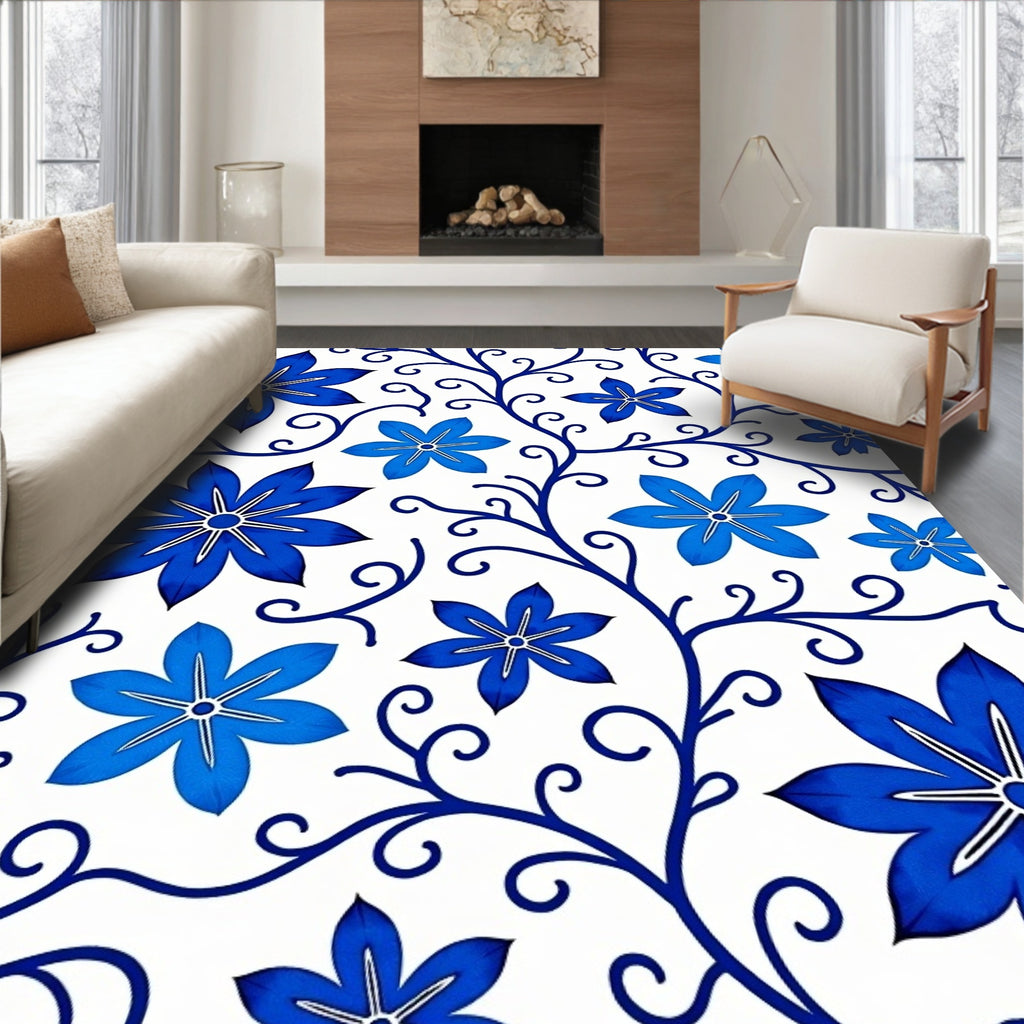 Blue Floral Vine Pattern Design Rug
