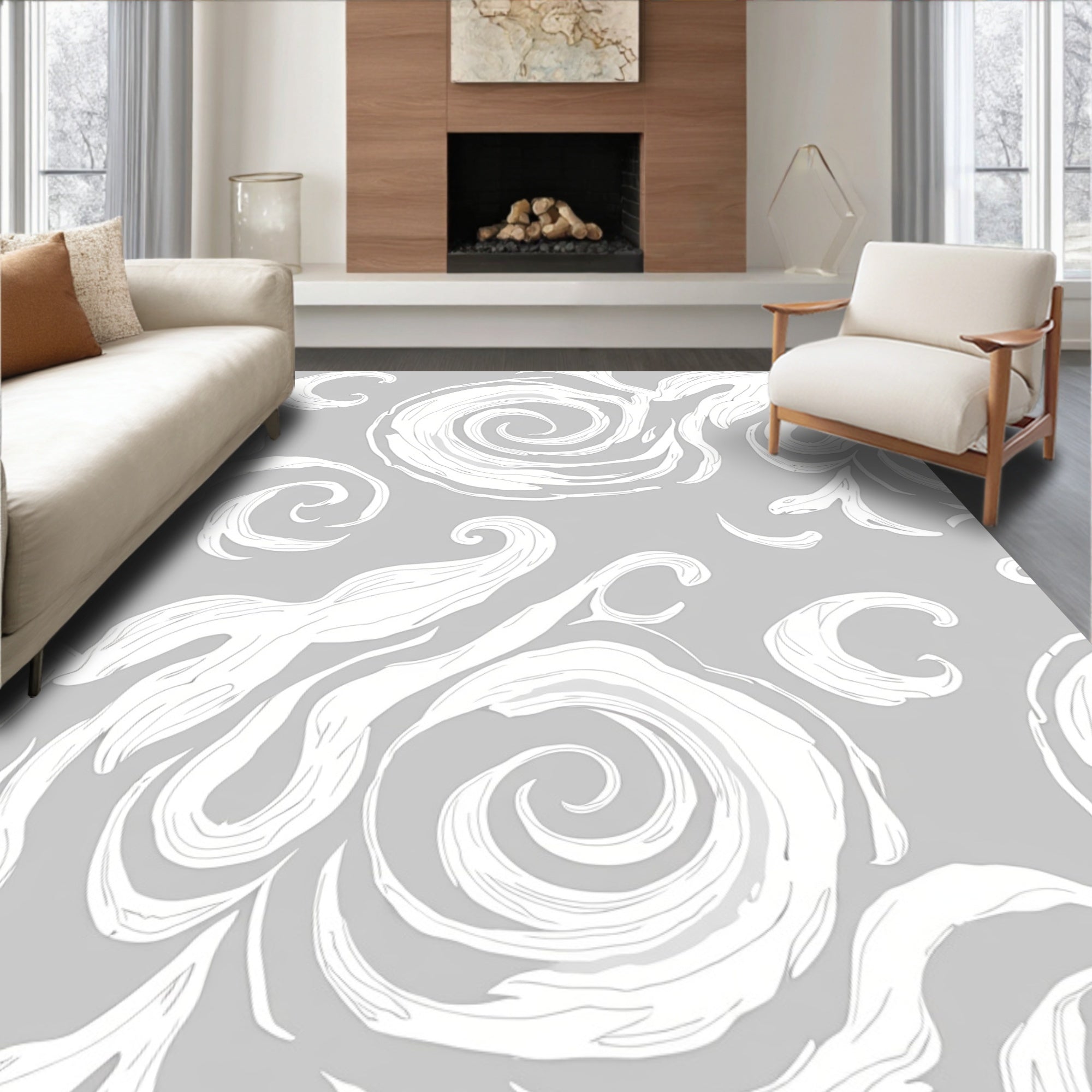 Gray Swirl Floral Sketch Rug