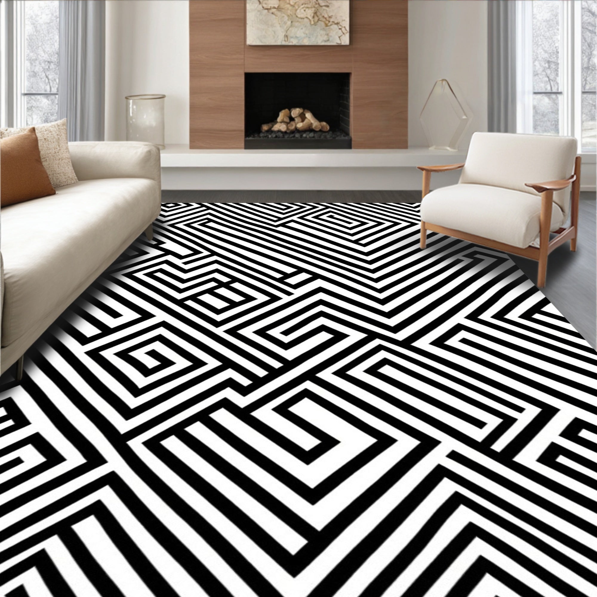 Abstract Black White Geometric Maze Pattern Rug