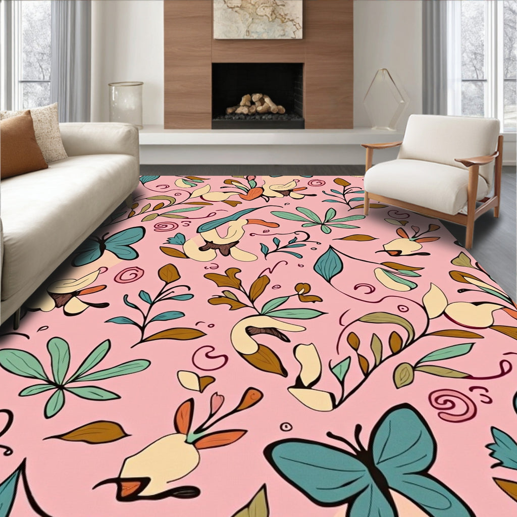 Whimsical Butterflies and Botanical Vines Design Rug