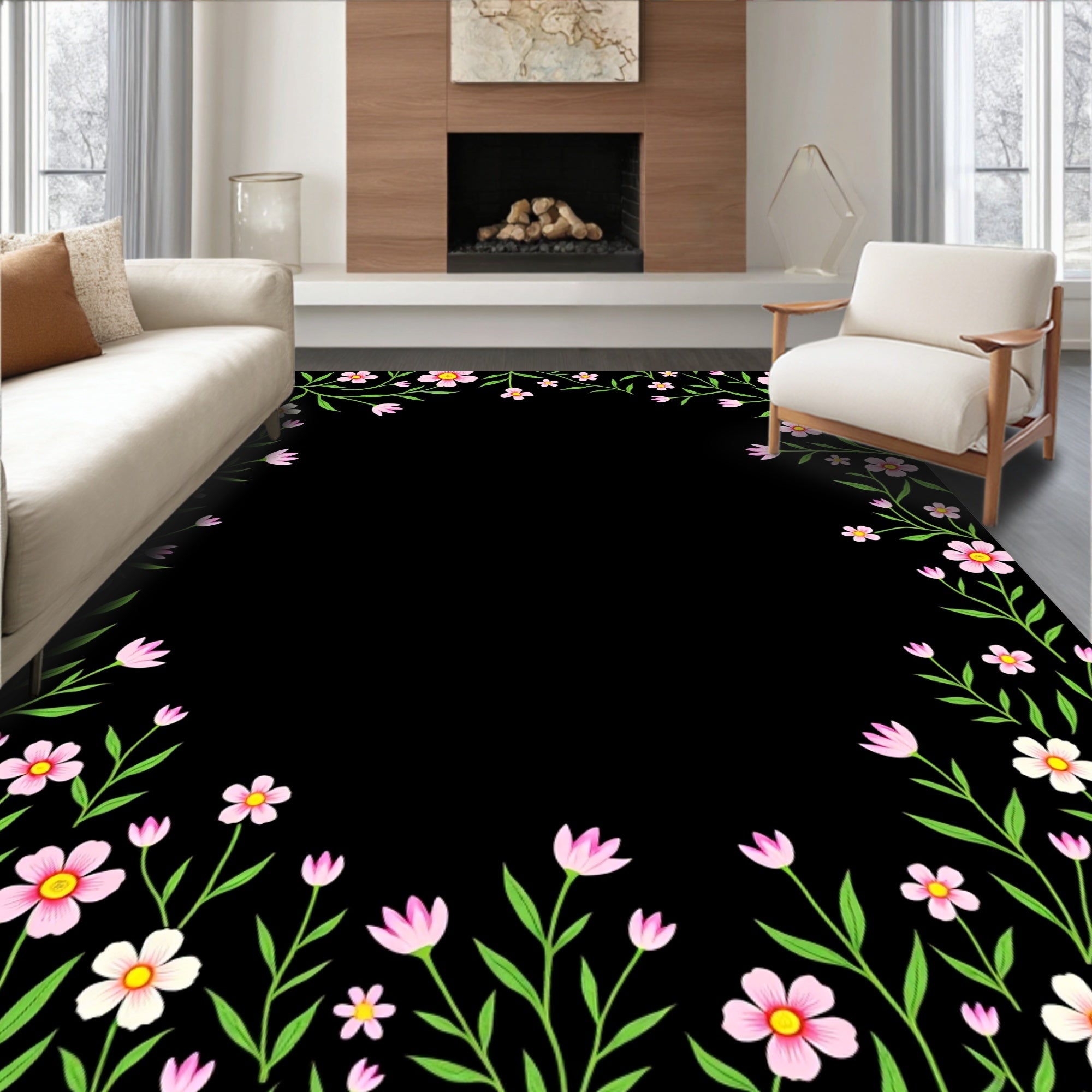 Pink Floral Vine Border Rug