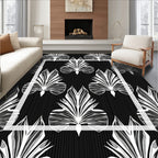 Art Deco Abstract Black White Leaf Scroll Rug