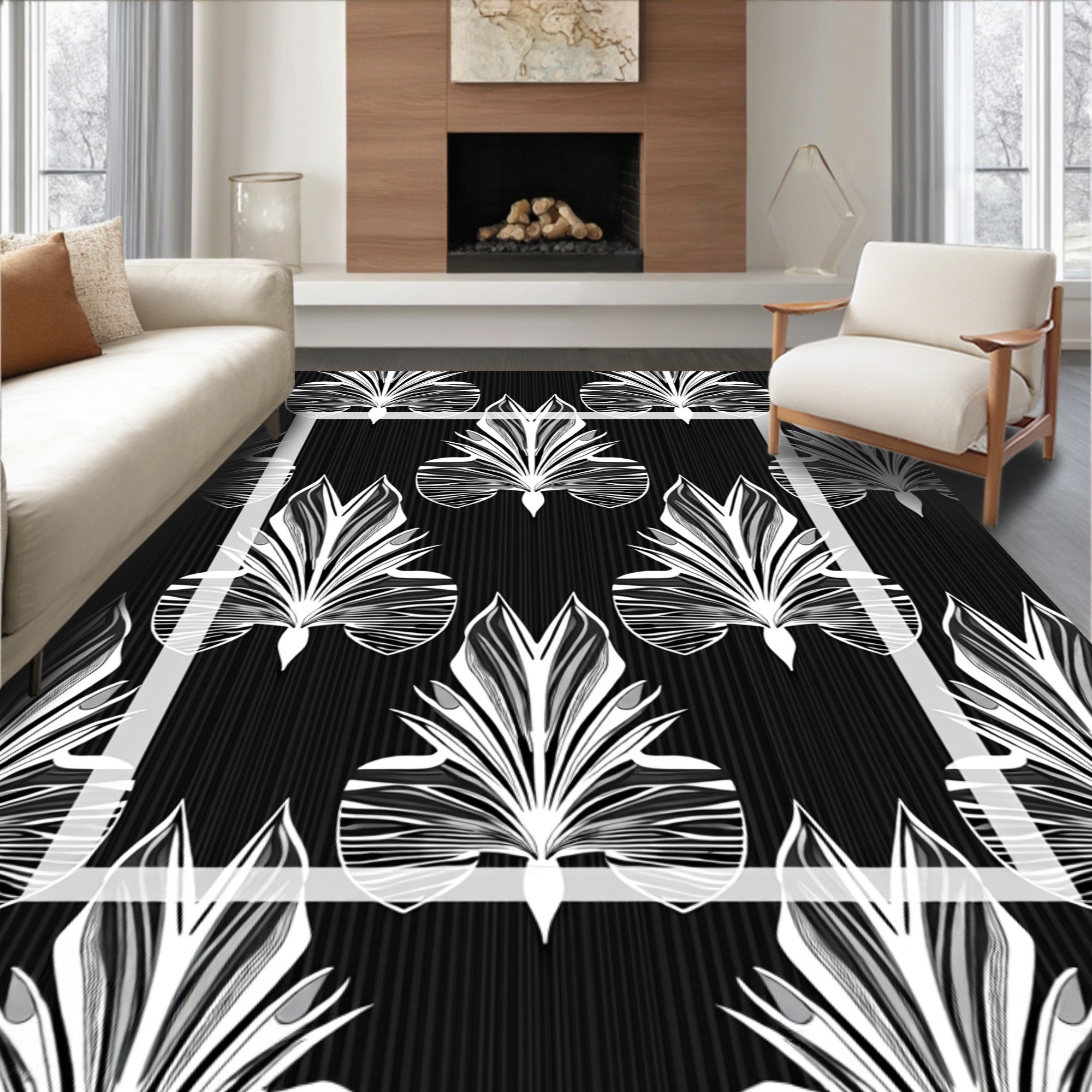 Art Deco Abstract Black White Leaf Scroll Rug