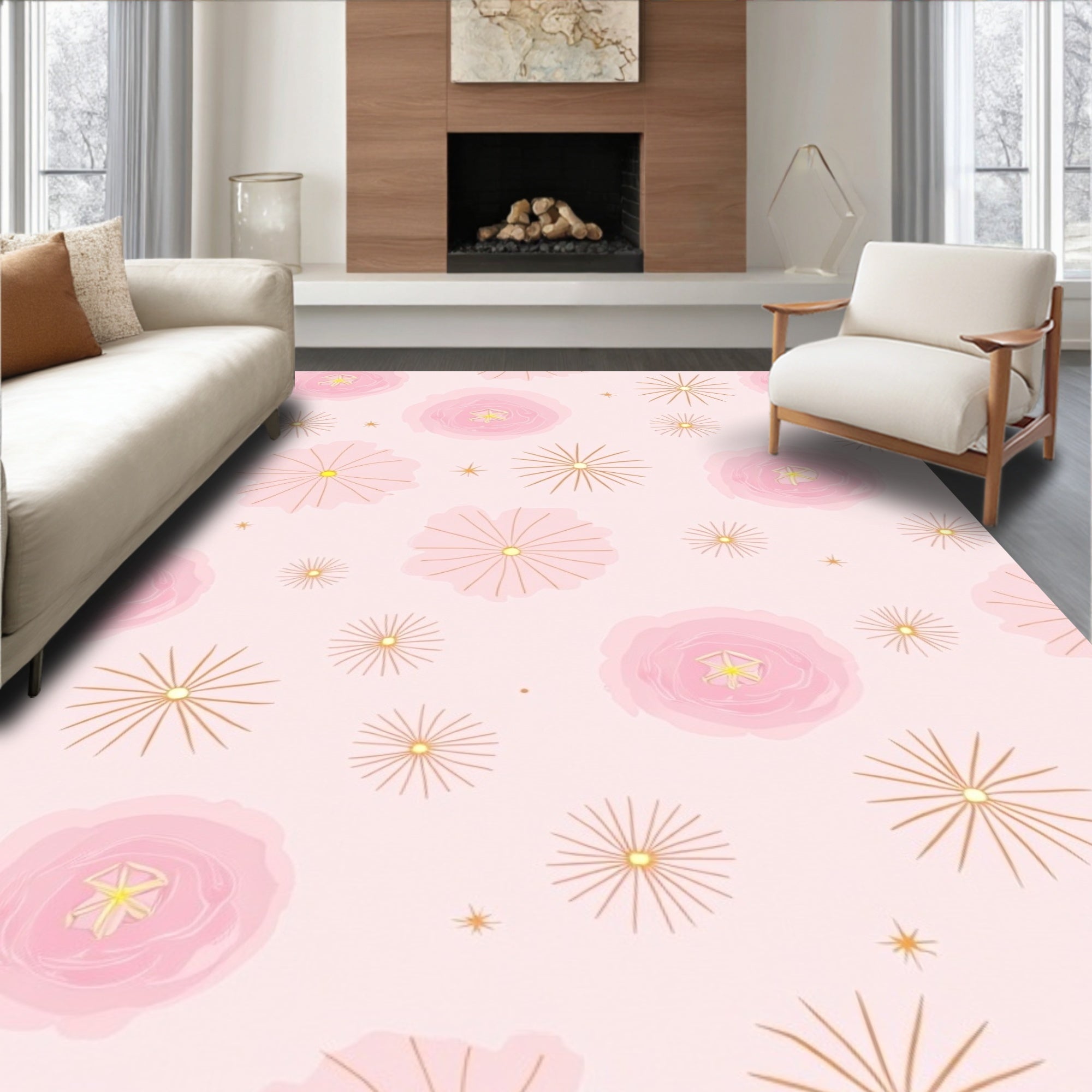 Whimsical Pink Floral Gold Starburst Rug