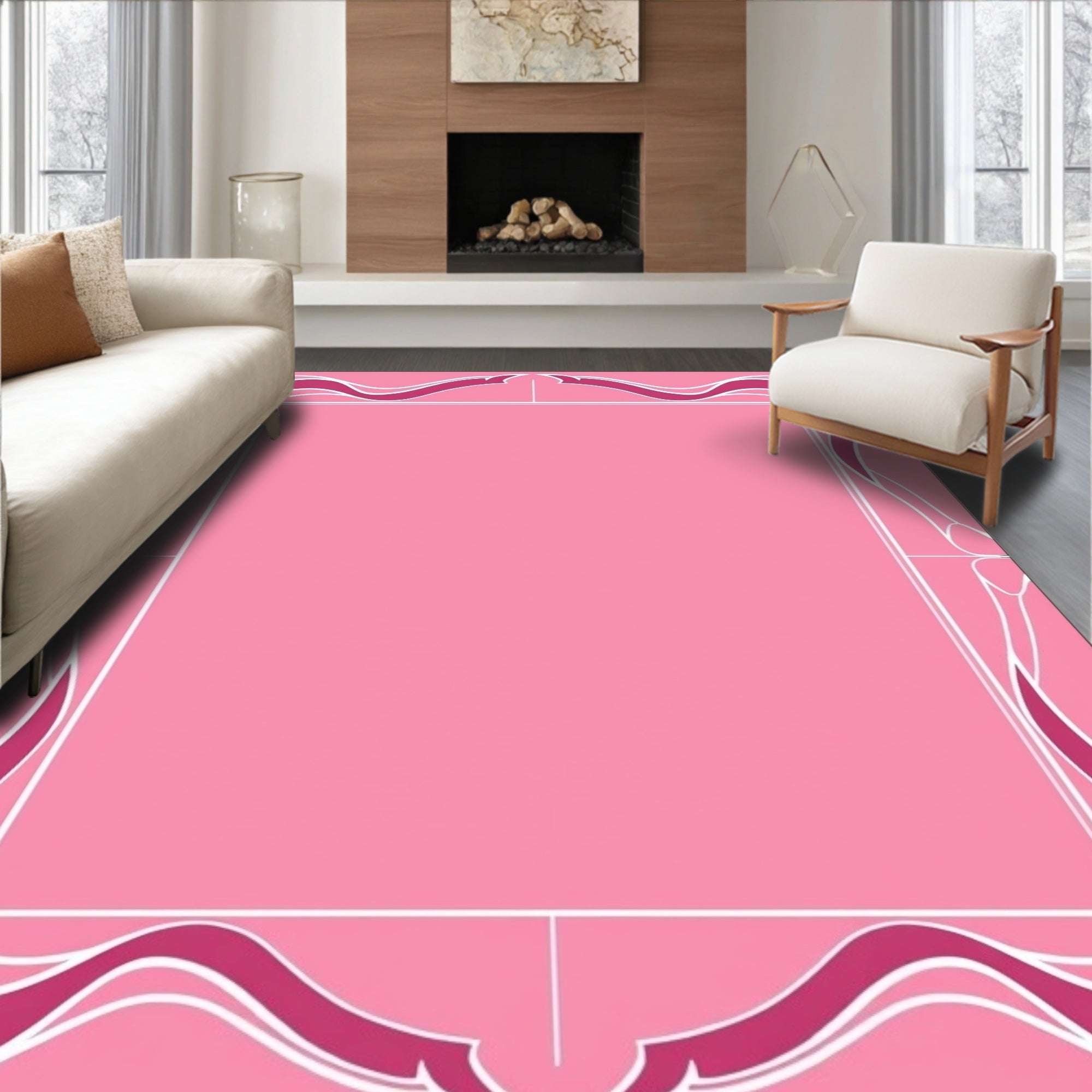 Pink Art Nouveau Floral Border Design Rug