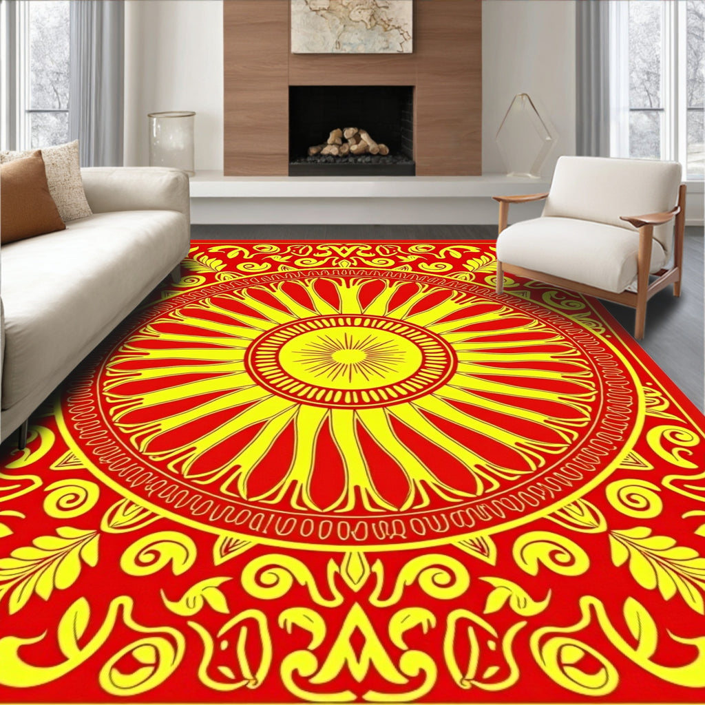 Vibrant Red Yellow Sunburst Mandala Rug