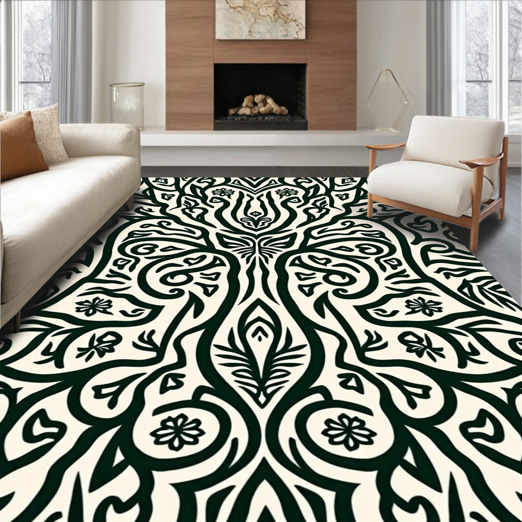 Symmetrical Black Floral Art Nouveau Rug