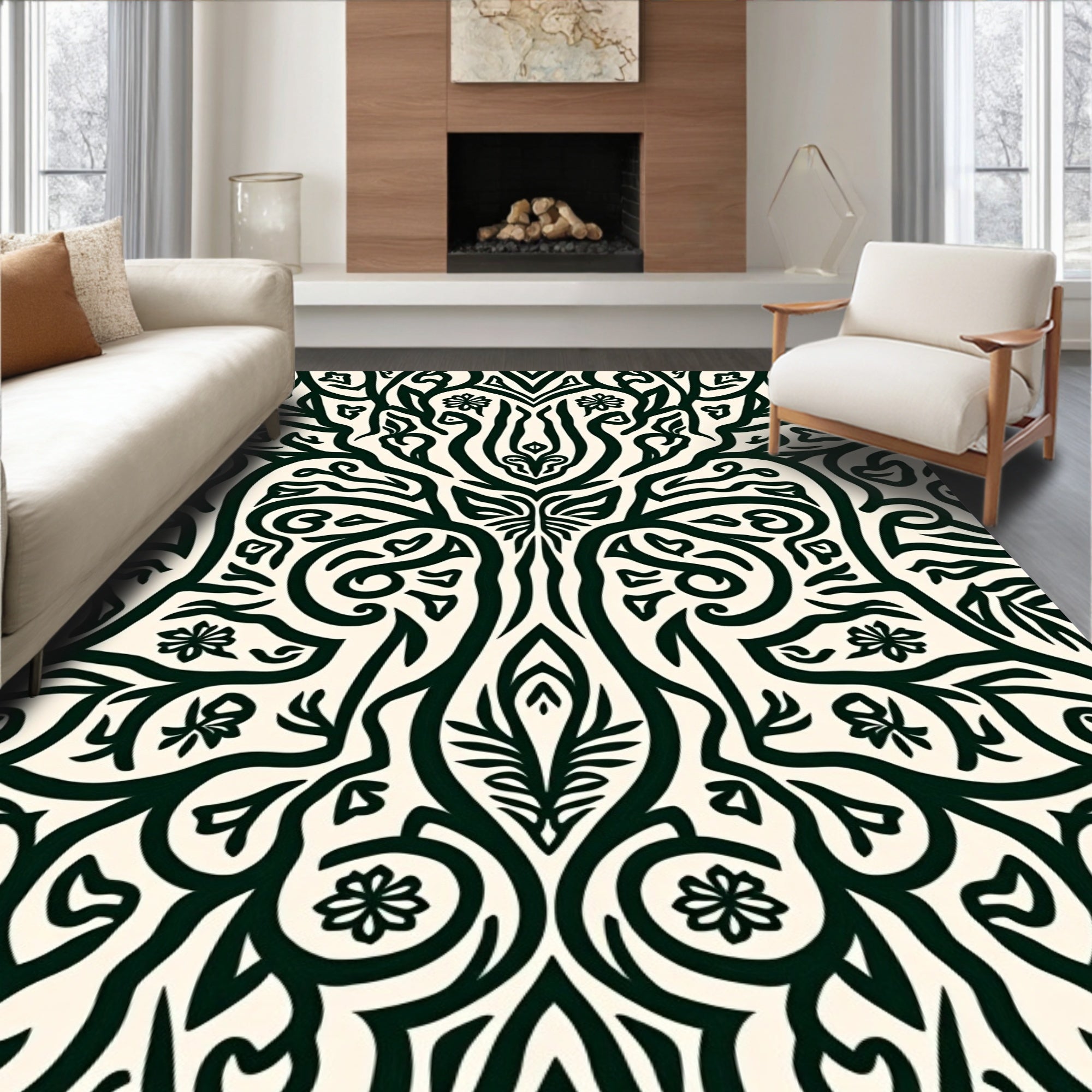 Symmetrical Black Floral Art Nouveau Rug