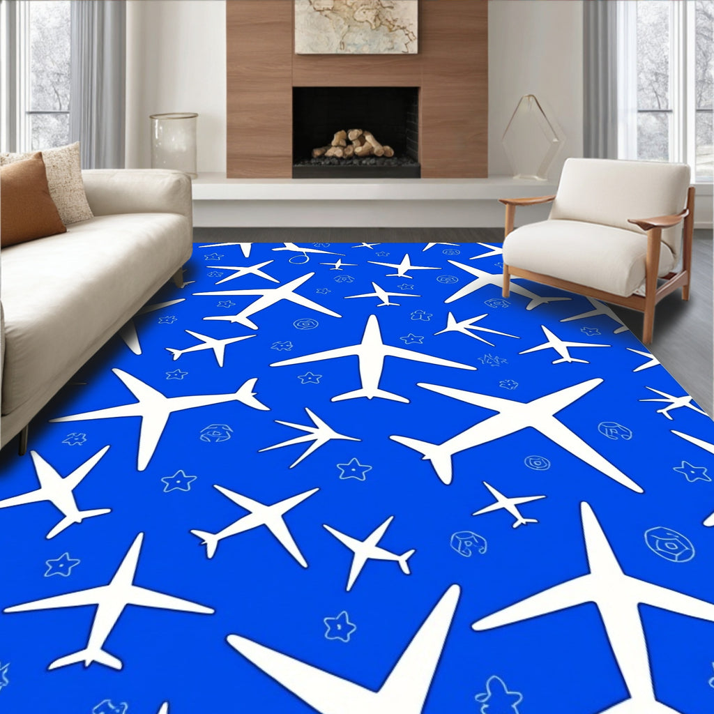 White Aircraft Patterned Blue Design Rug