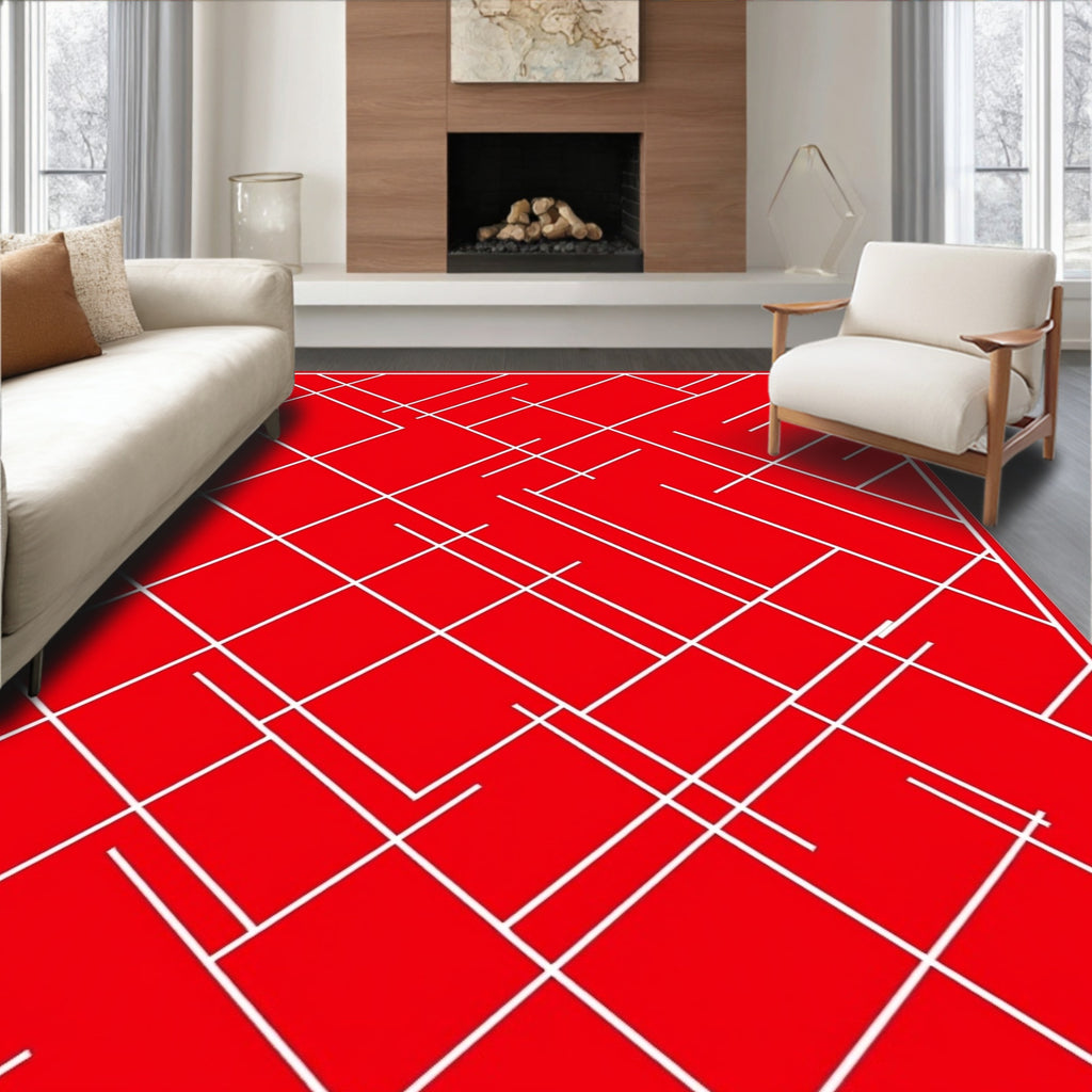 Bold Geometric Red White Design Rug