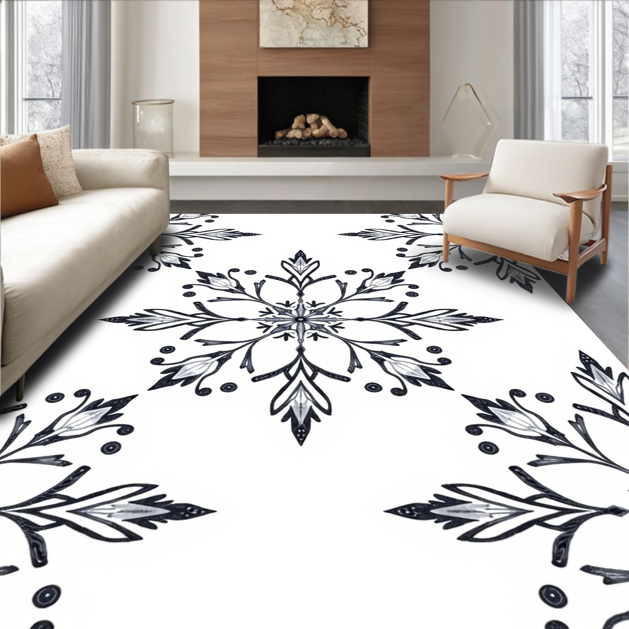 Monochromatic Floral Medallion Arrangement Rug