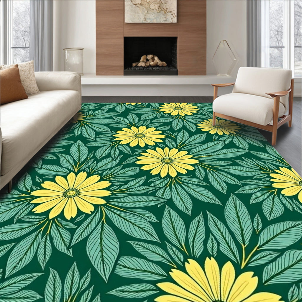 Yellow Daisy And Leaf Pattern Rug