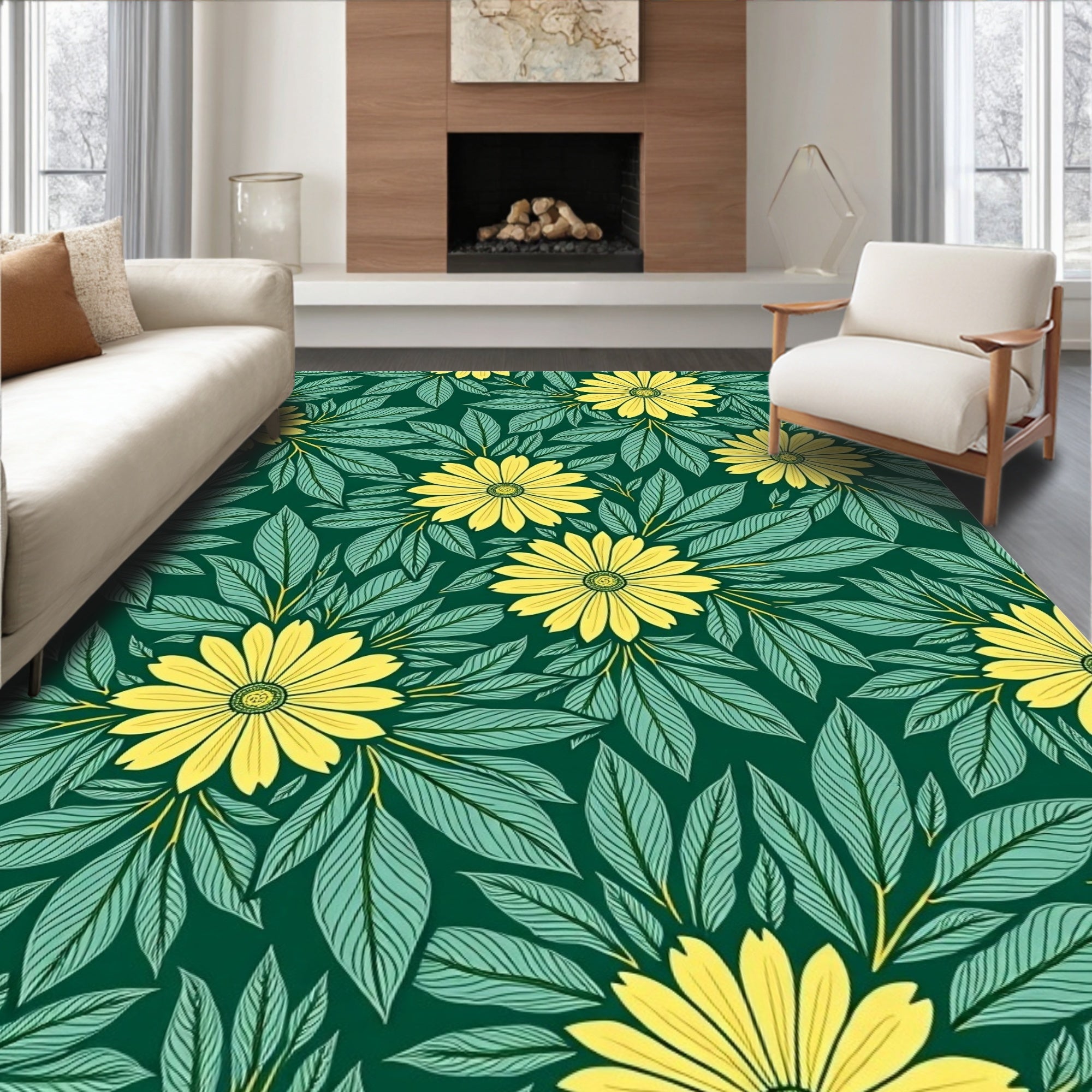 Yellow Daisy And Leaf Pattern Rug