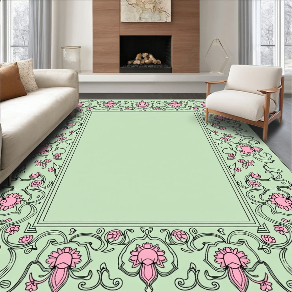 Pastel Pink Floral Vine Border Rug