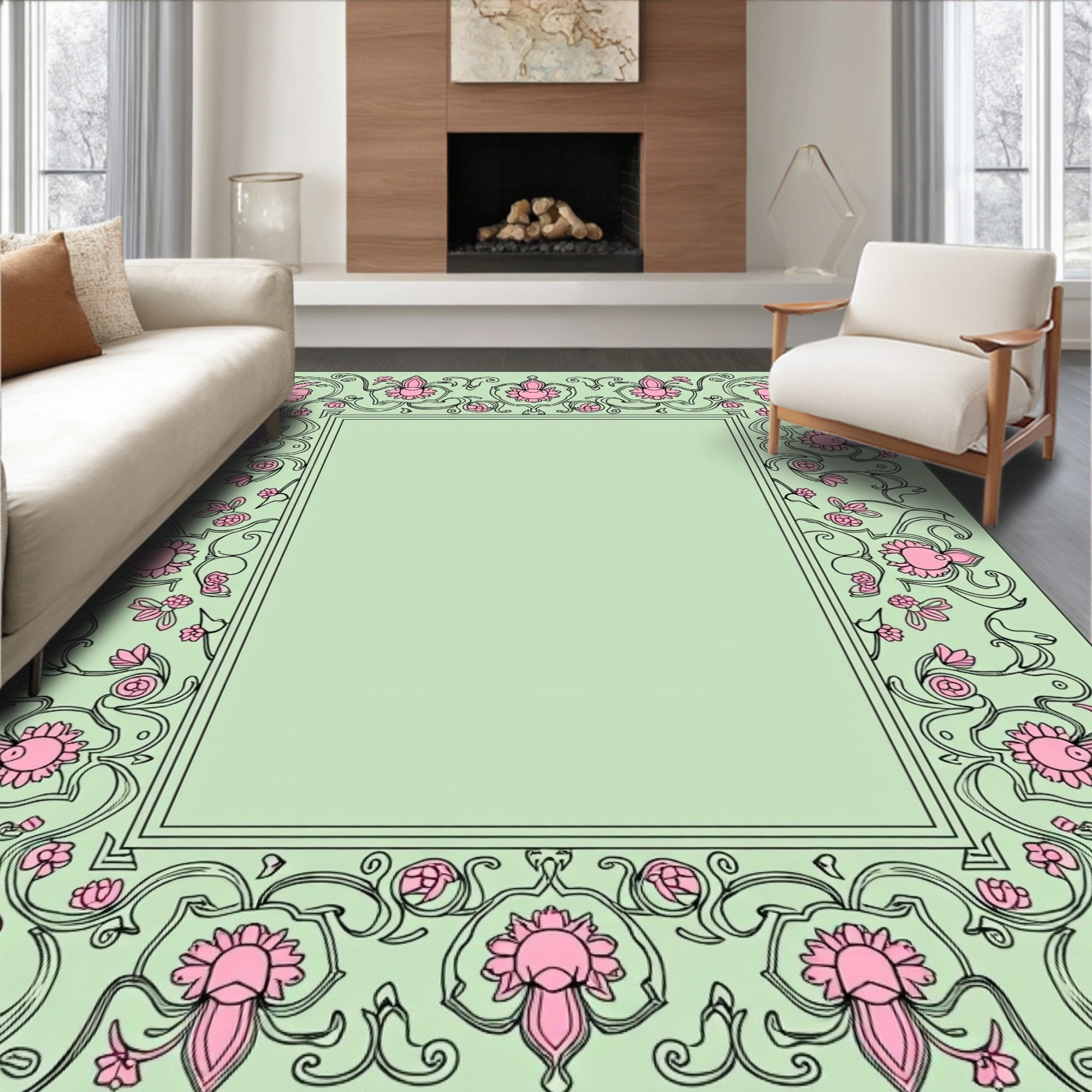 Pastel Pink Floral Vine Border Rug