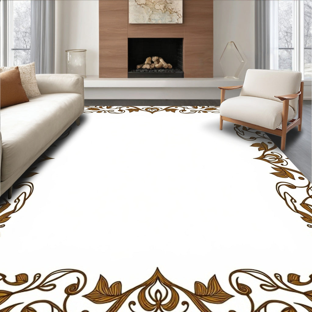 Ornate Brown Botanical Vine Border Rug