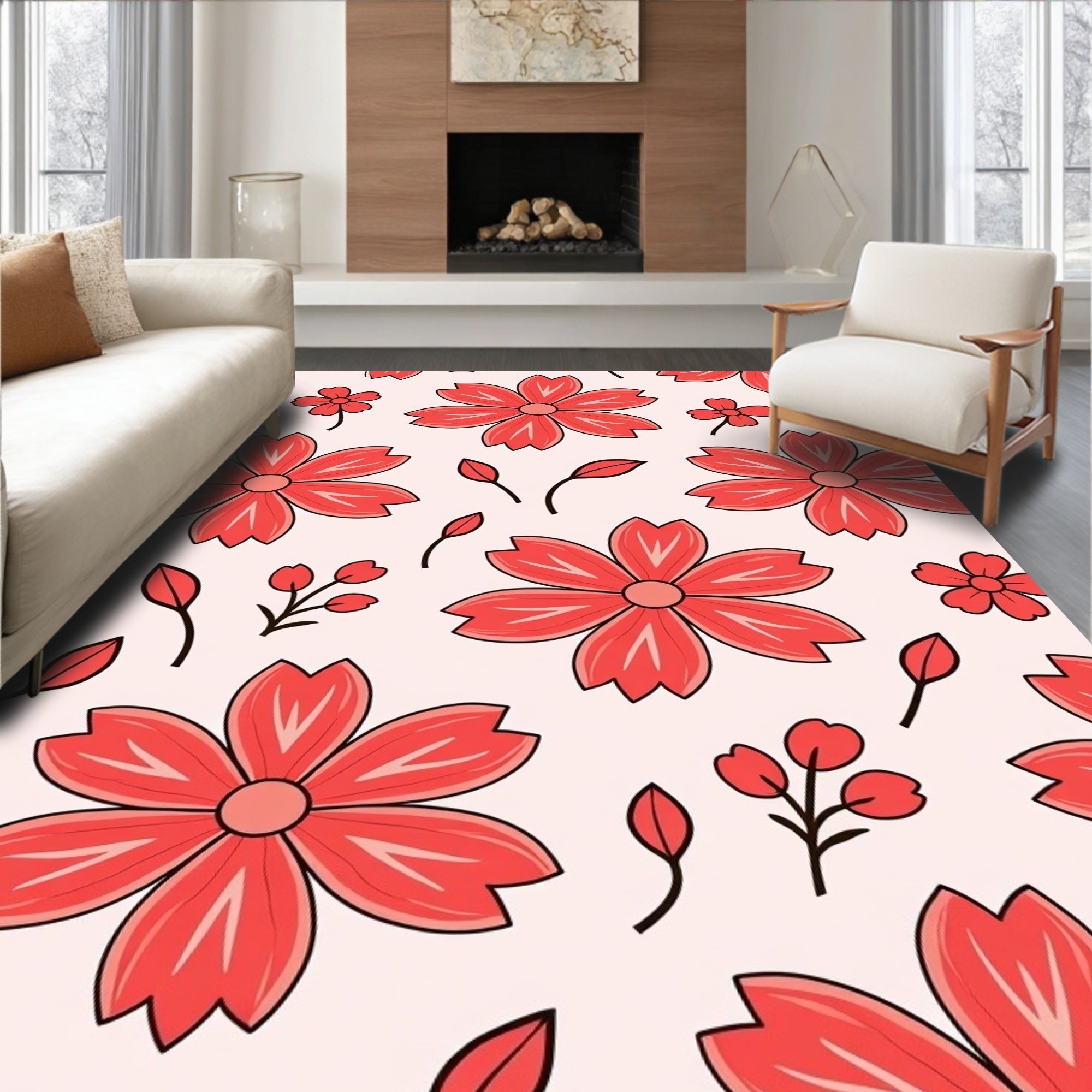 Coral Floral Patterned Delightful Rug