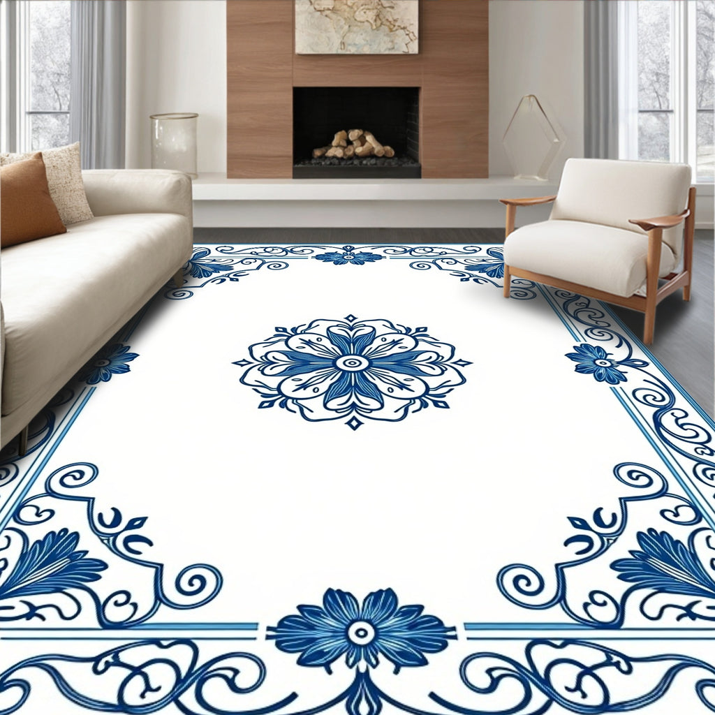 Elegant Blue Floral Mandala Border Rug