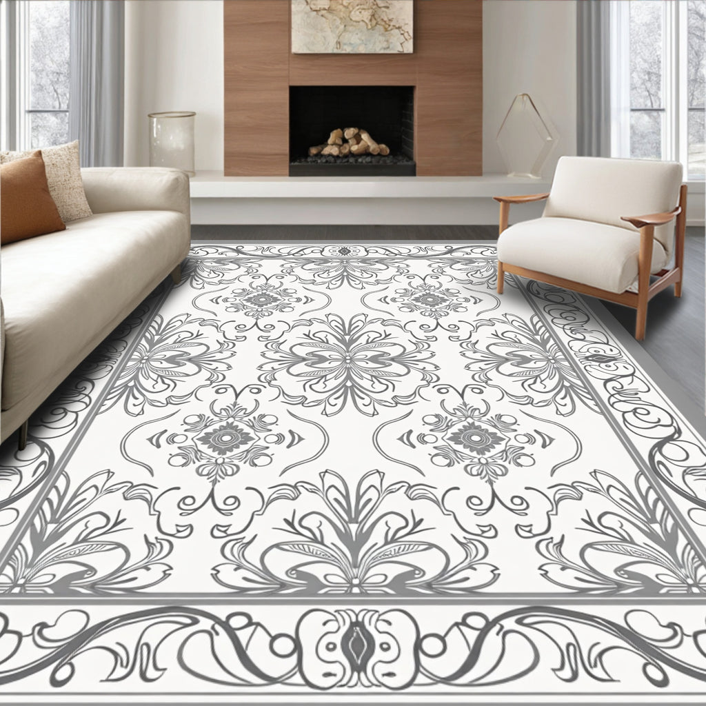 Ornate Floral Gray Border Design Rug