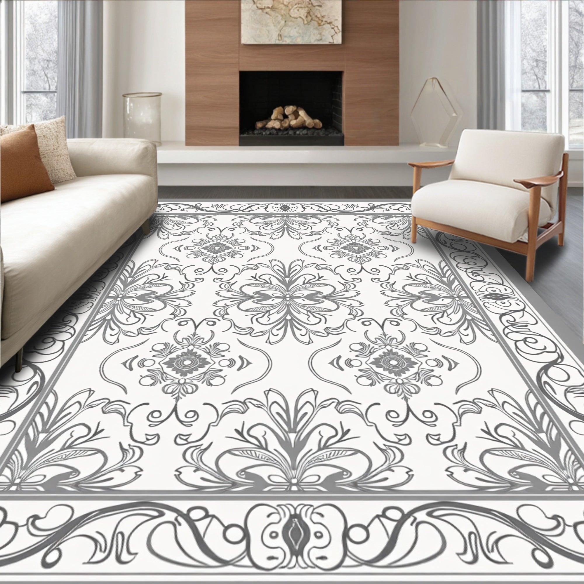 Ornate Floral Gray Border Design Rug