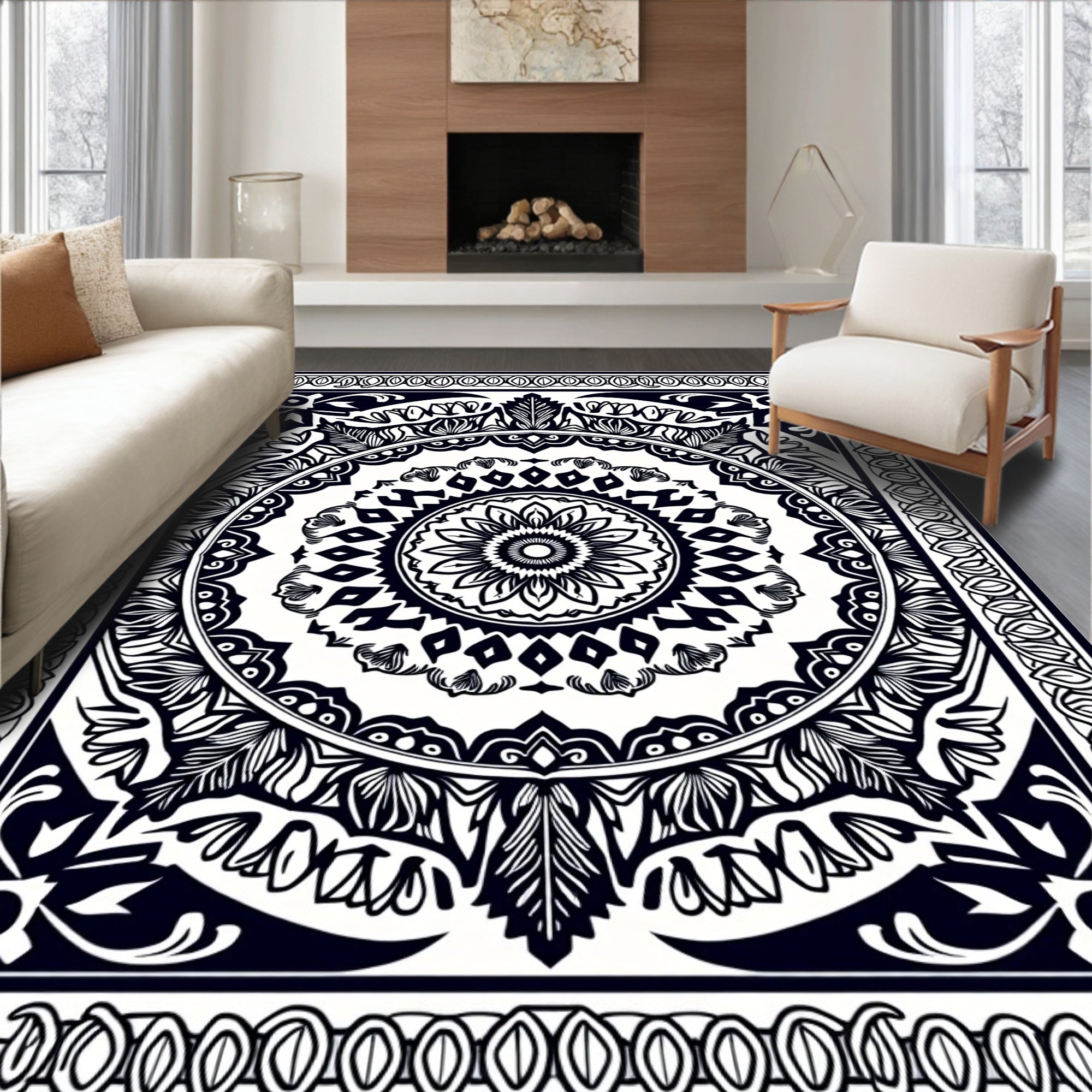 Intricate Black Floral Mandala Design Rug