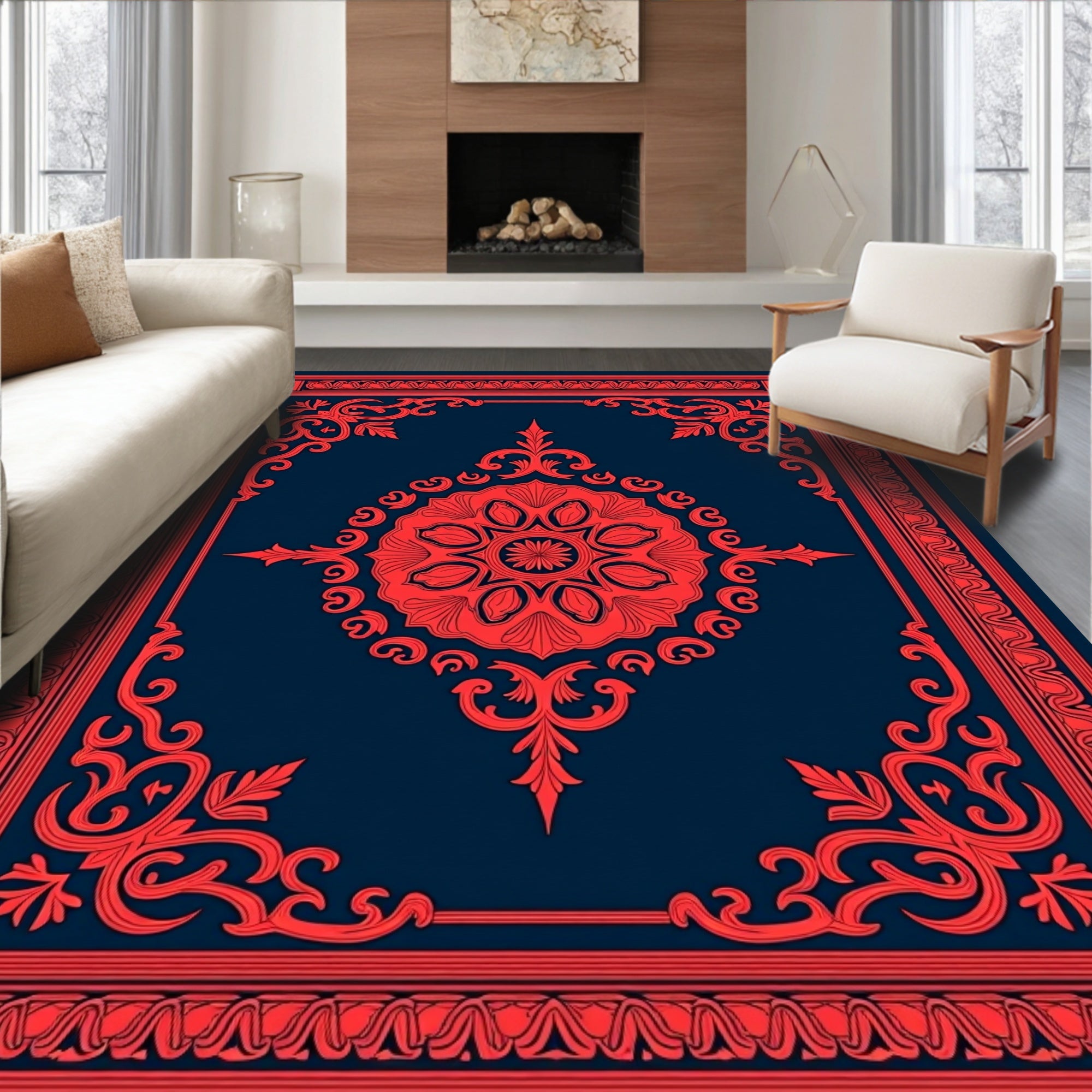 Ornate Red Floral Medallion Rectangle Design Rug