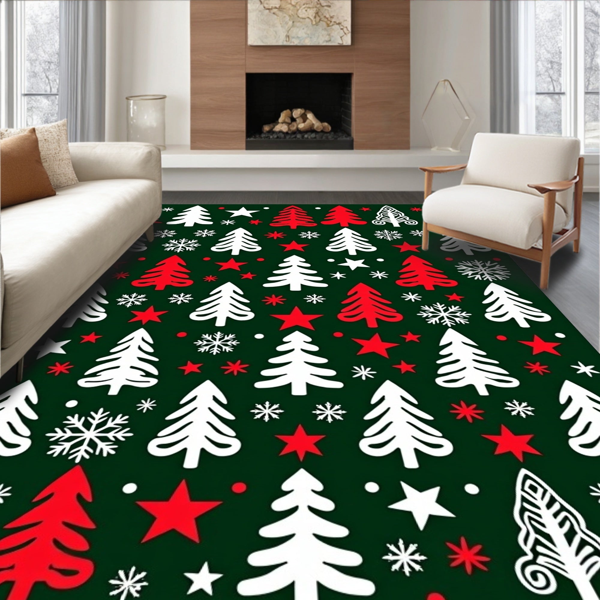 Classic Red White Evergreen Snowflakes Rug