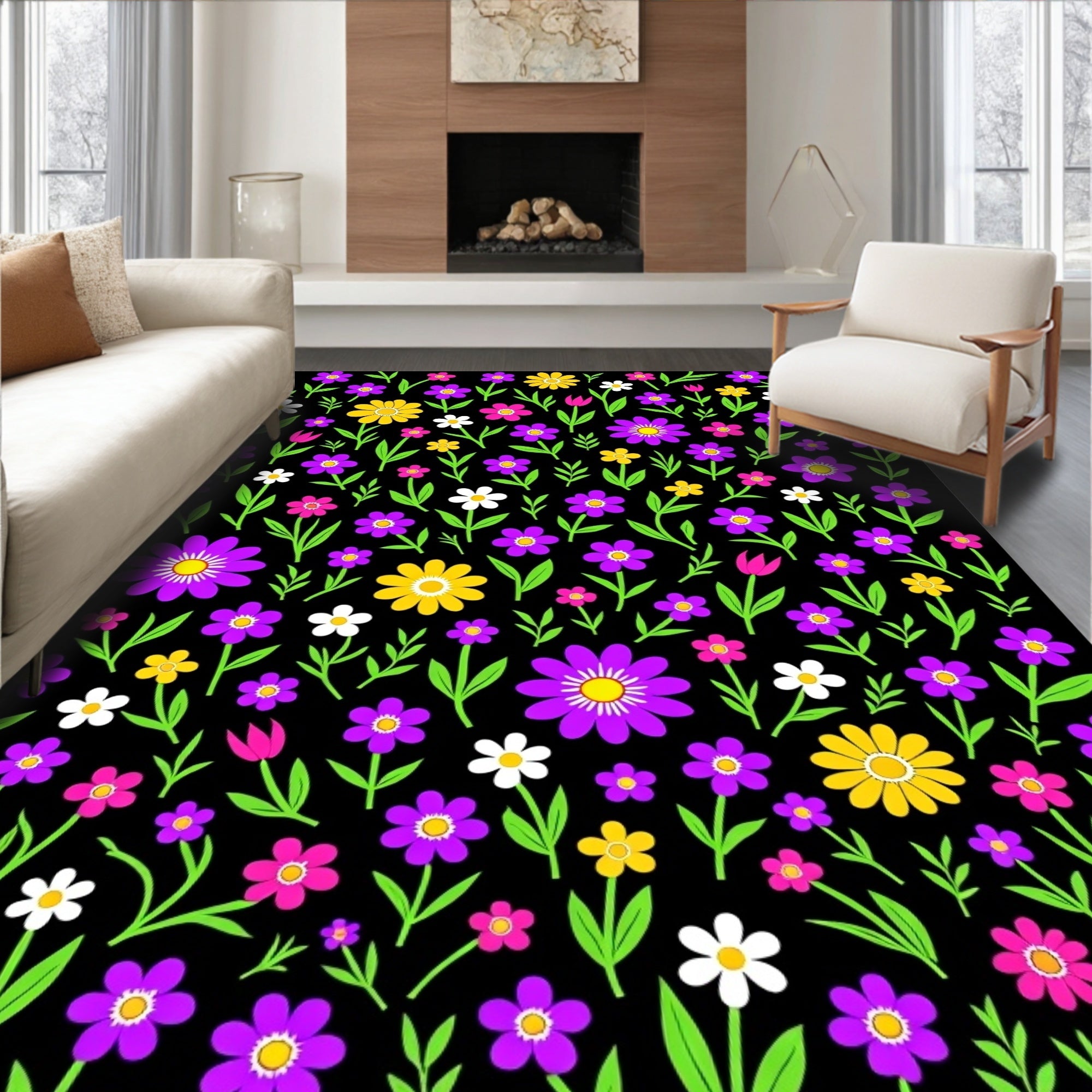 Vibrant Floral Pattern With Green Leaves Rug