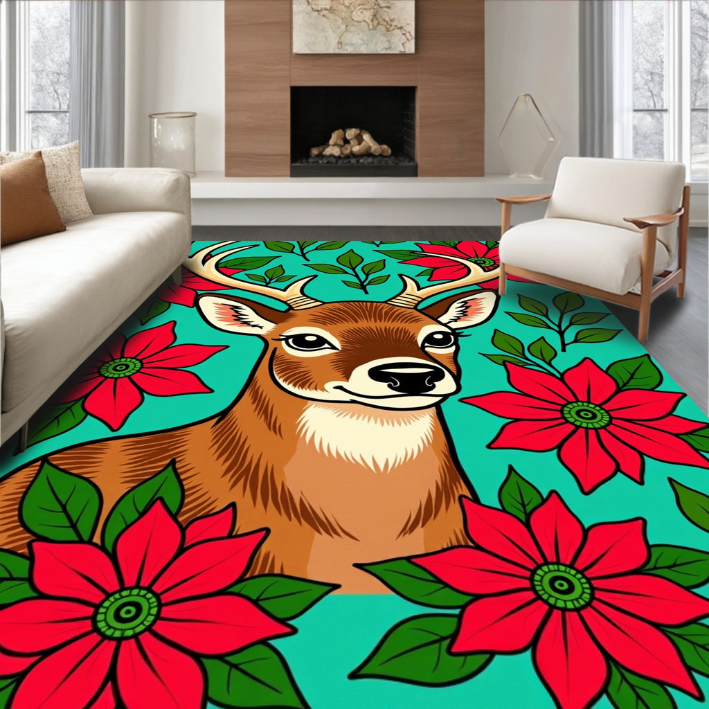 Holiday Deer Red Poinsettia Teal Rug