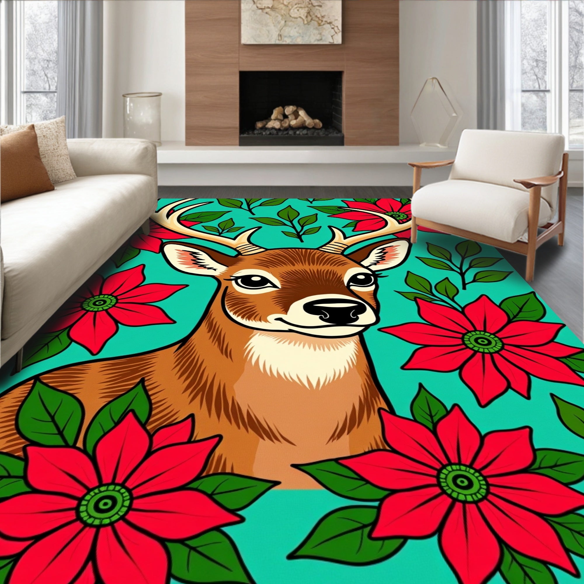 Holiday Deer Red Poinsettia Teal Rug