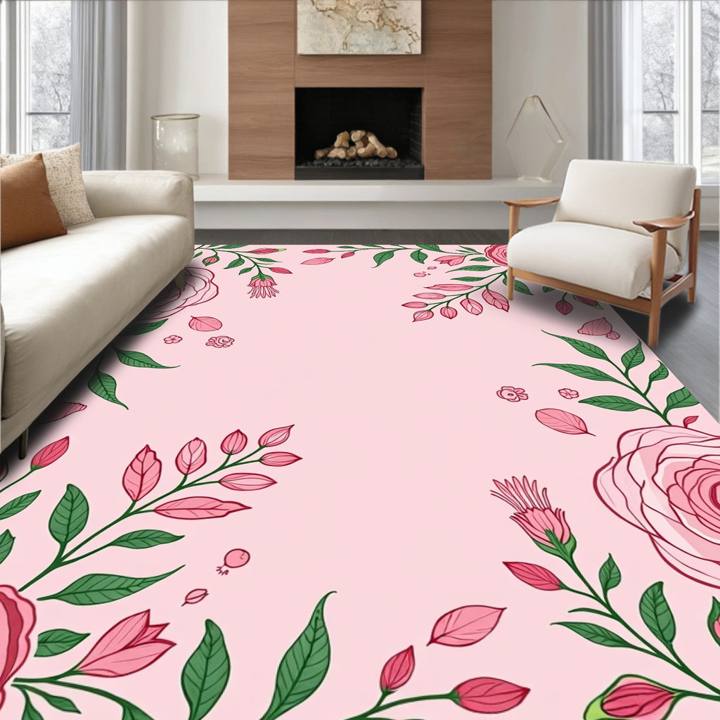 Pink Rose Floral Vine Pattern Rug