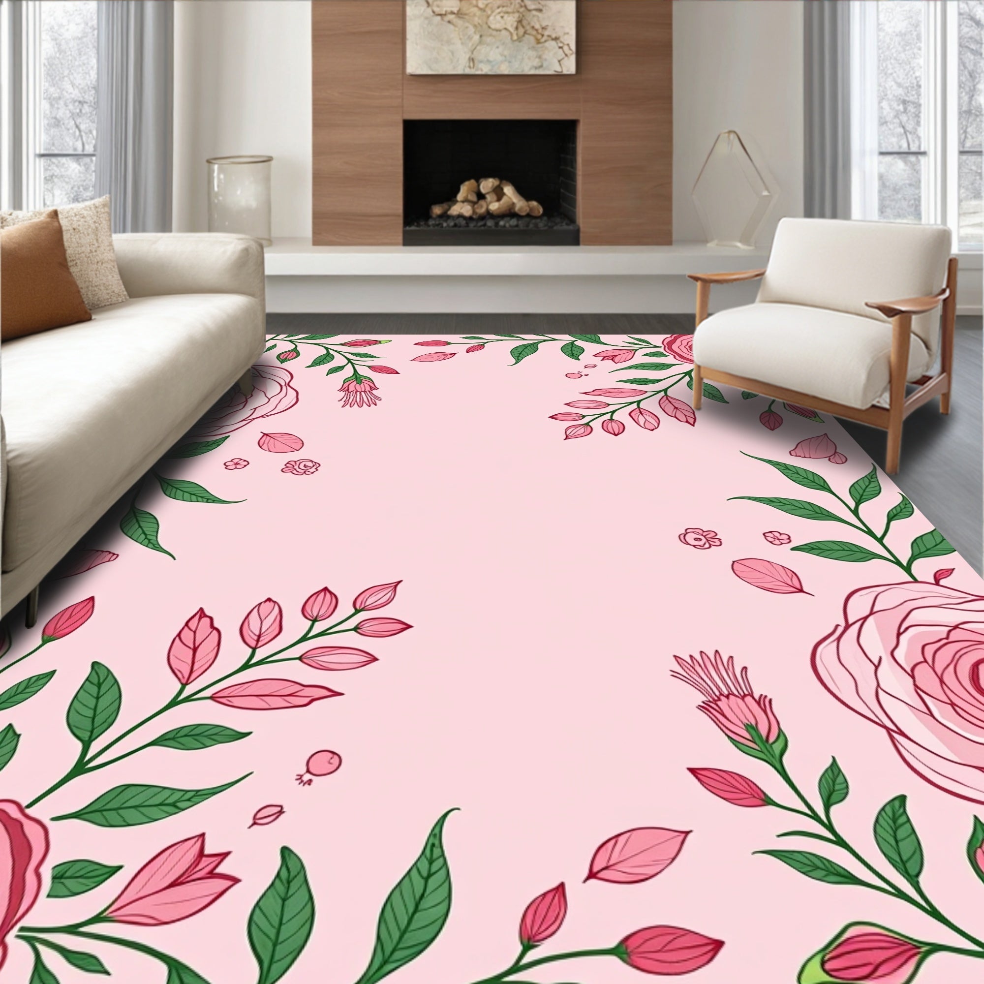 Pink Rose Floral Vine Pattern Rug