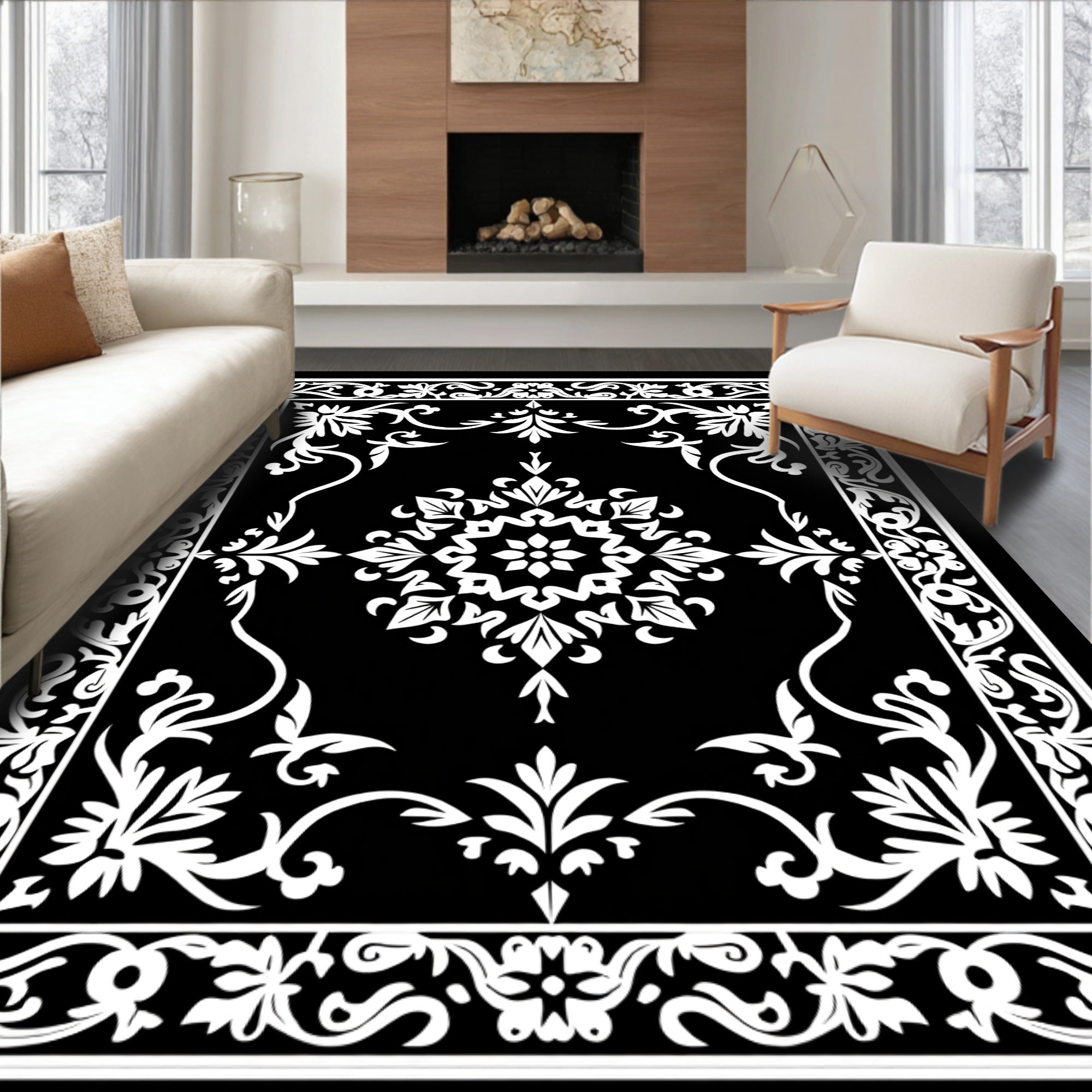Classic Black White Floral Medallion Rug