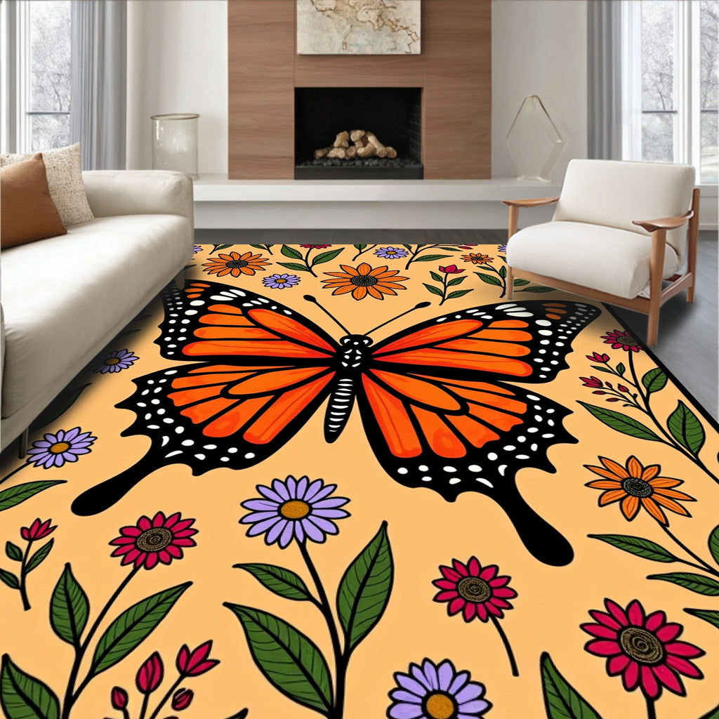 Orange Butterfly With Floral Art Rug