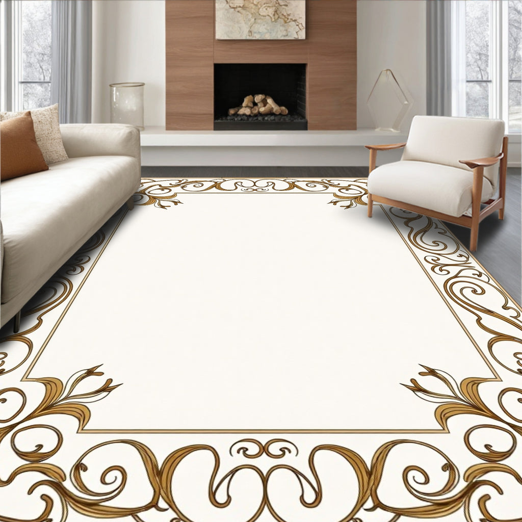 Elegant Gold Swirl Flourish Border Rug
