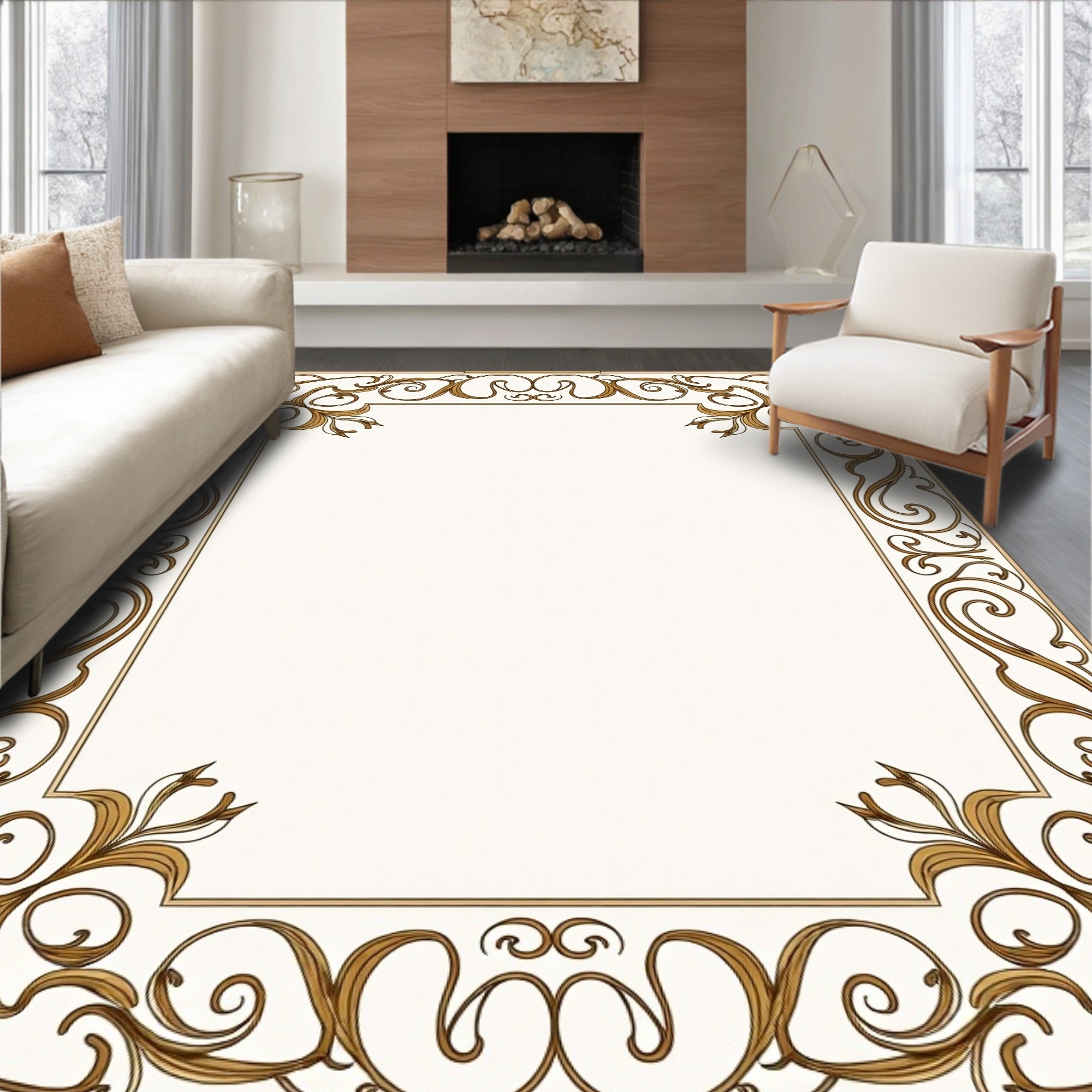 Elegant Gold Swirl Flourish Border Rug