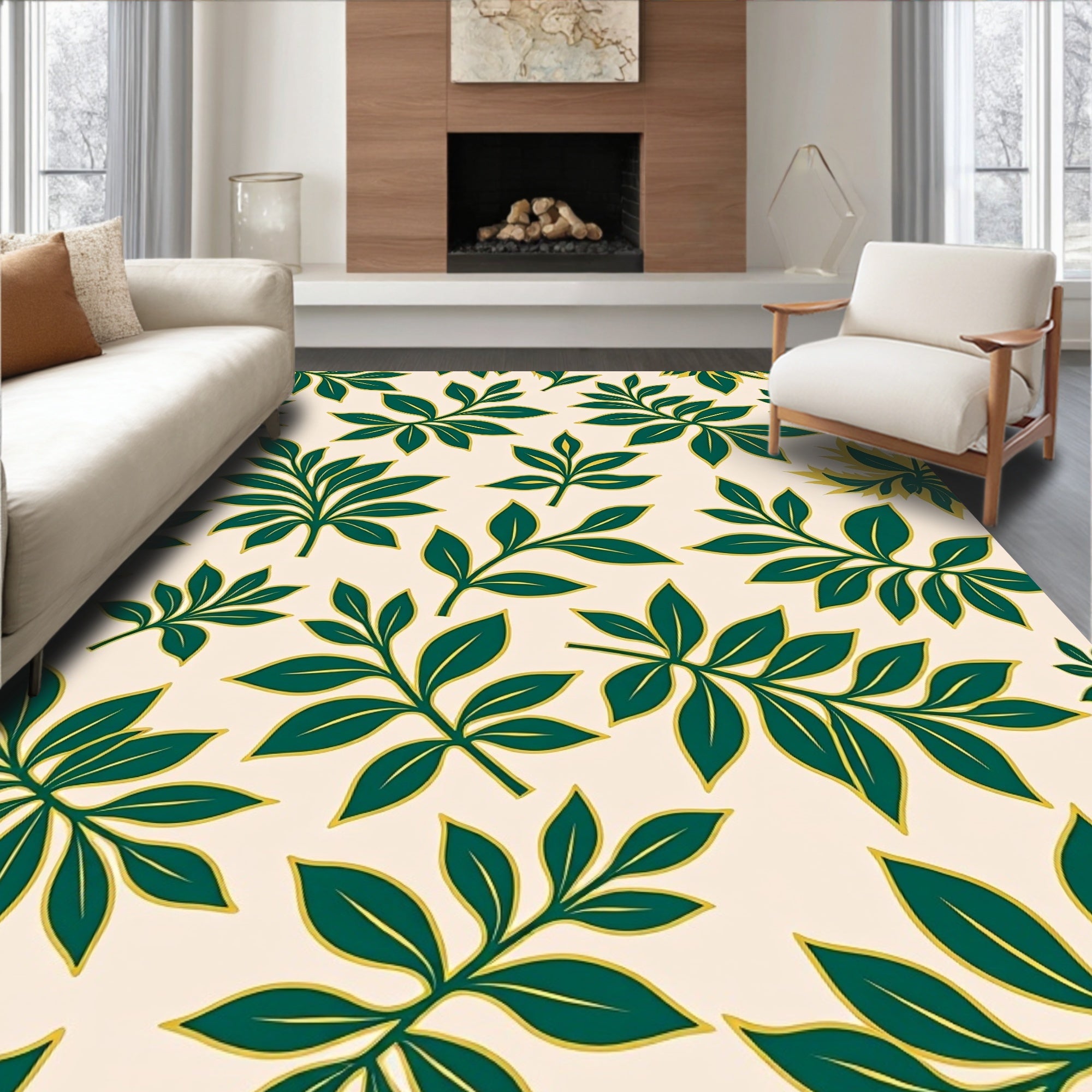 Dark Green Leaf Pattern Rug