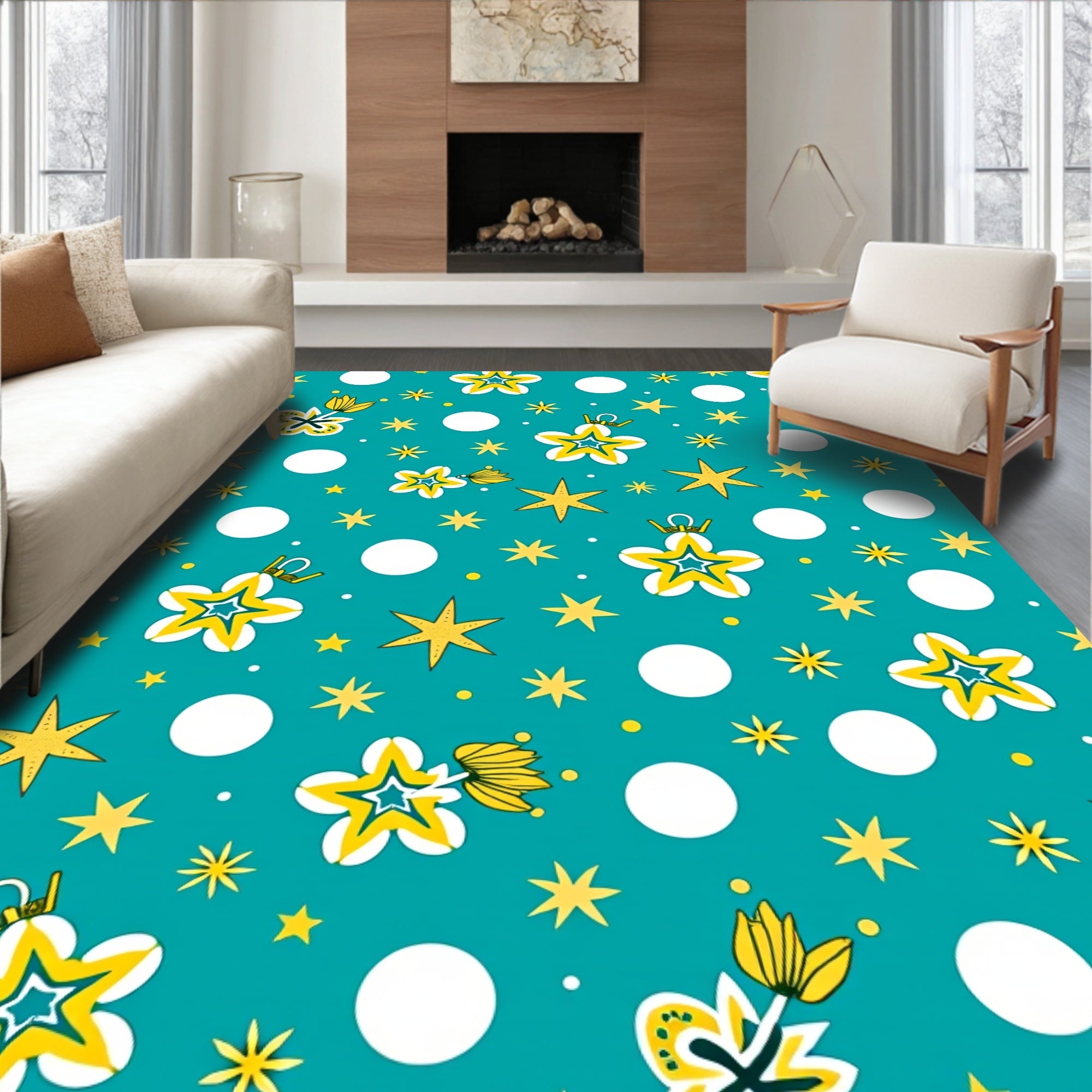 Teal Yellow Star Garland Circles Rug